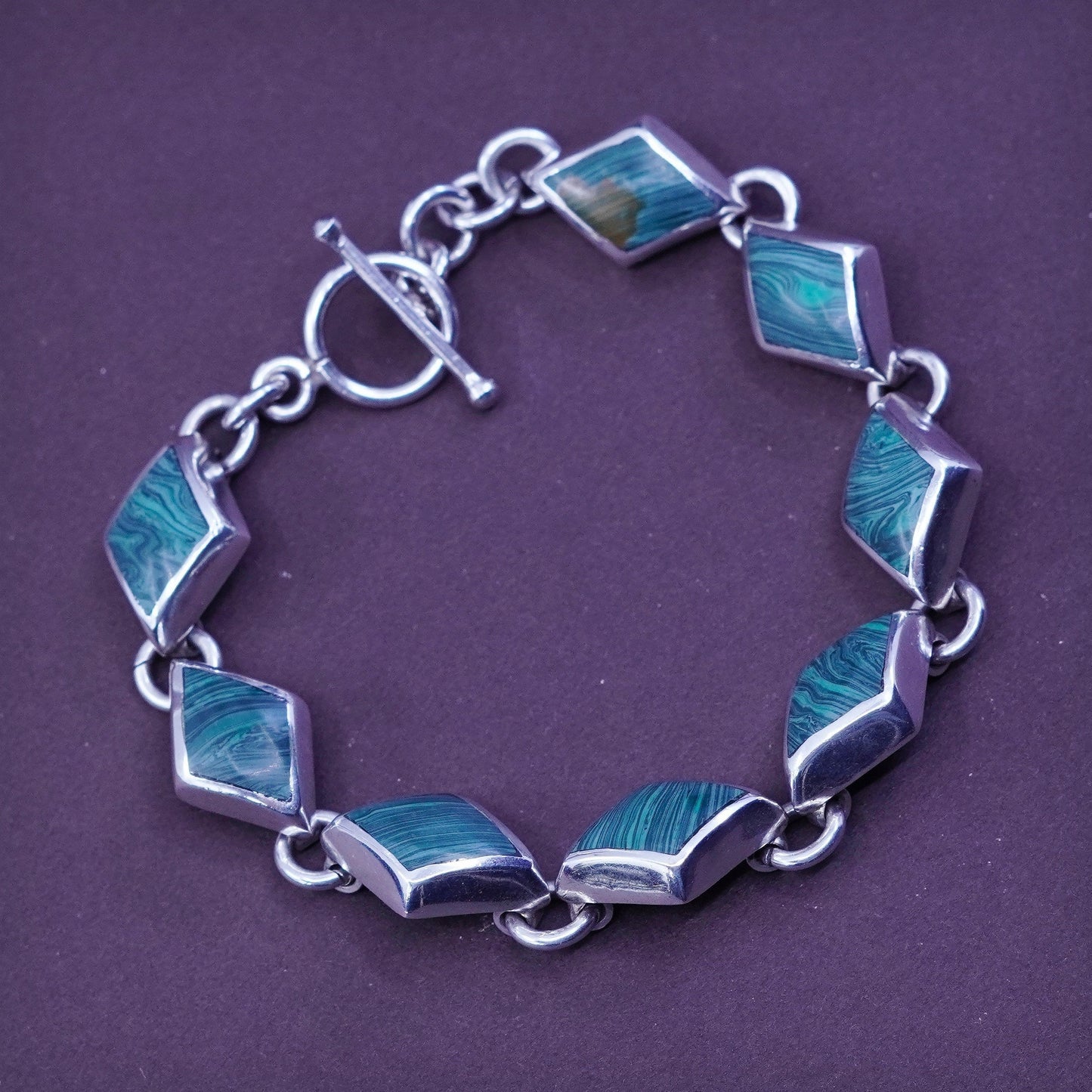 7”, vintage Sterling silver handmade bracelet, Mexico 925 link with malachite