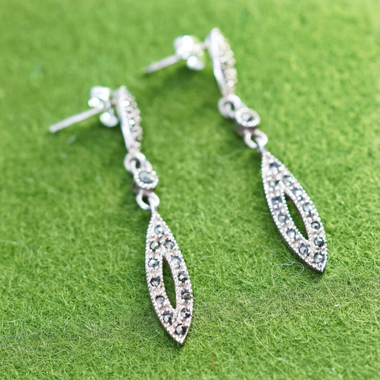 Vintage Sterling silver handmade earrings, 925 marquise dangles with marcasite