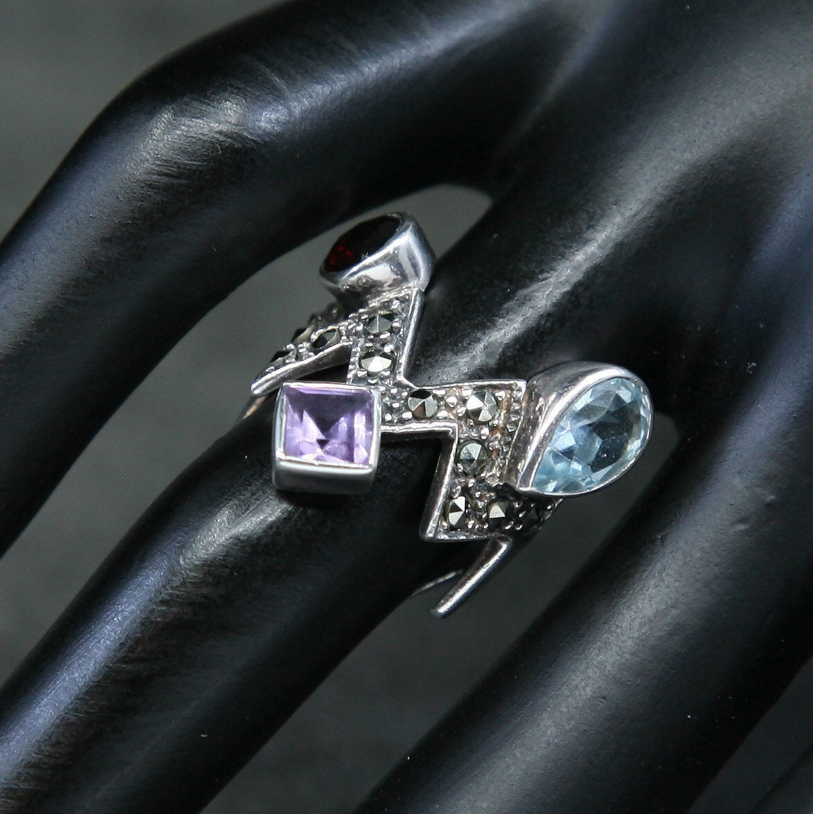 sz 5.5, Sterling silver handmade ring, 925 w/ ruby sapphire peridot amethyst