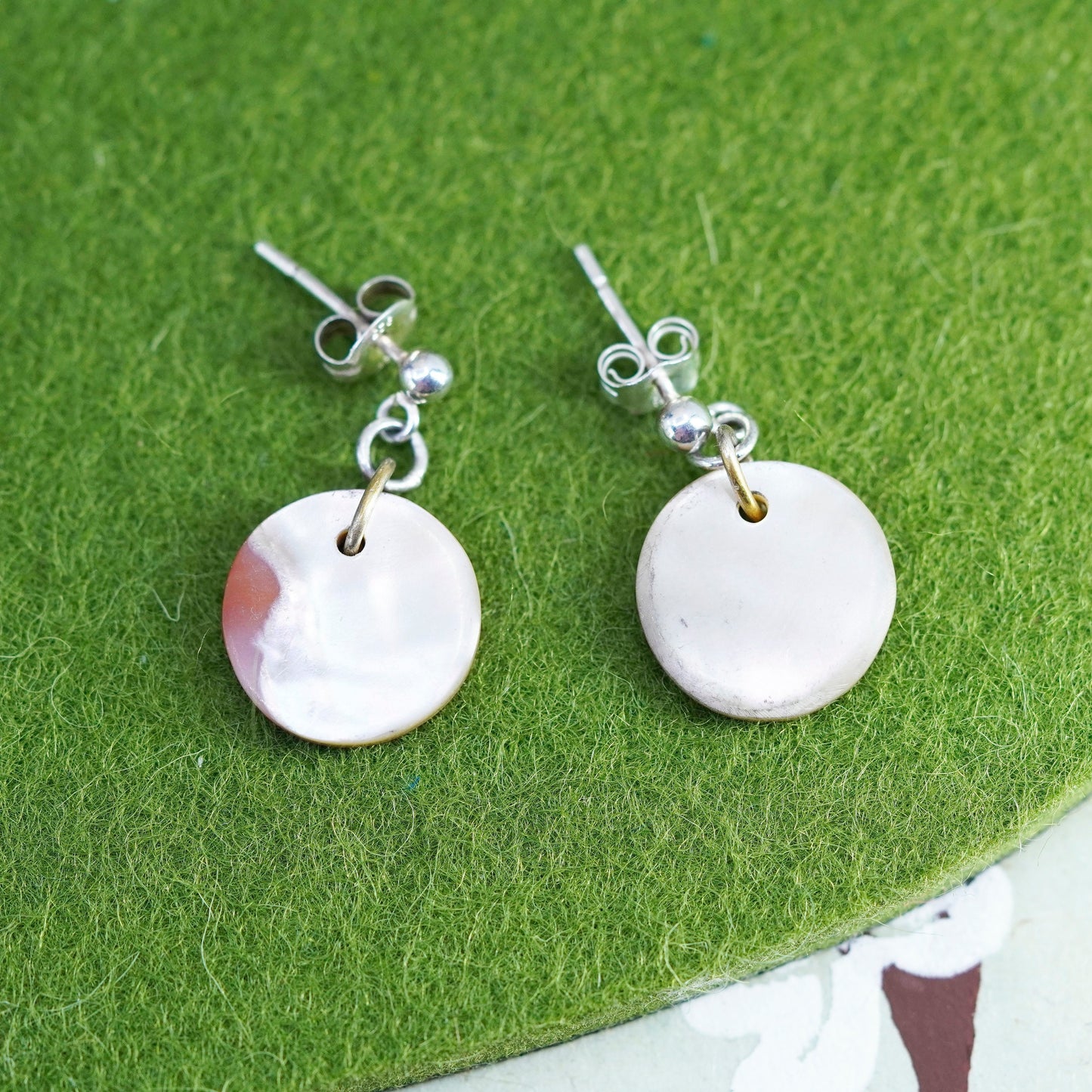 Vintage sterling silver 925 handmade earrings with mother of pearl tag