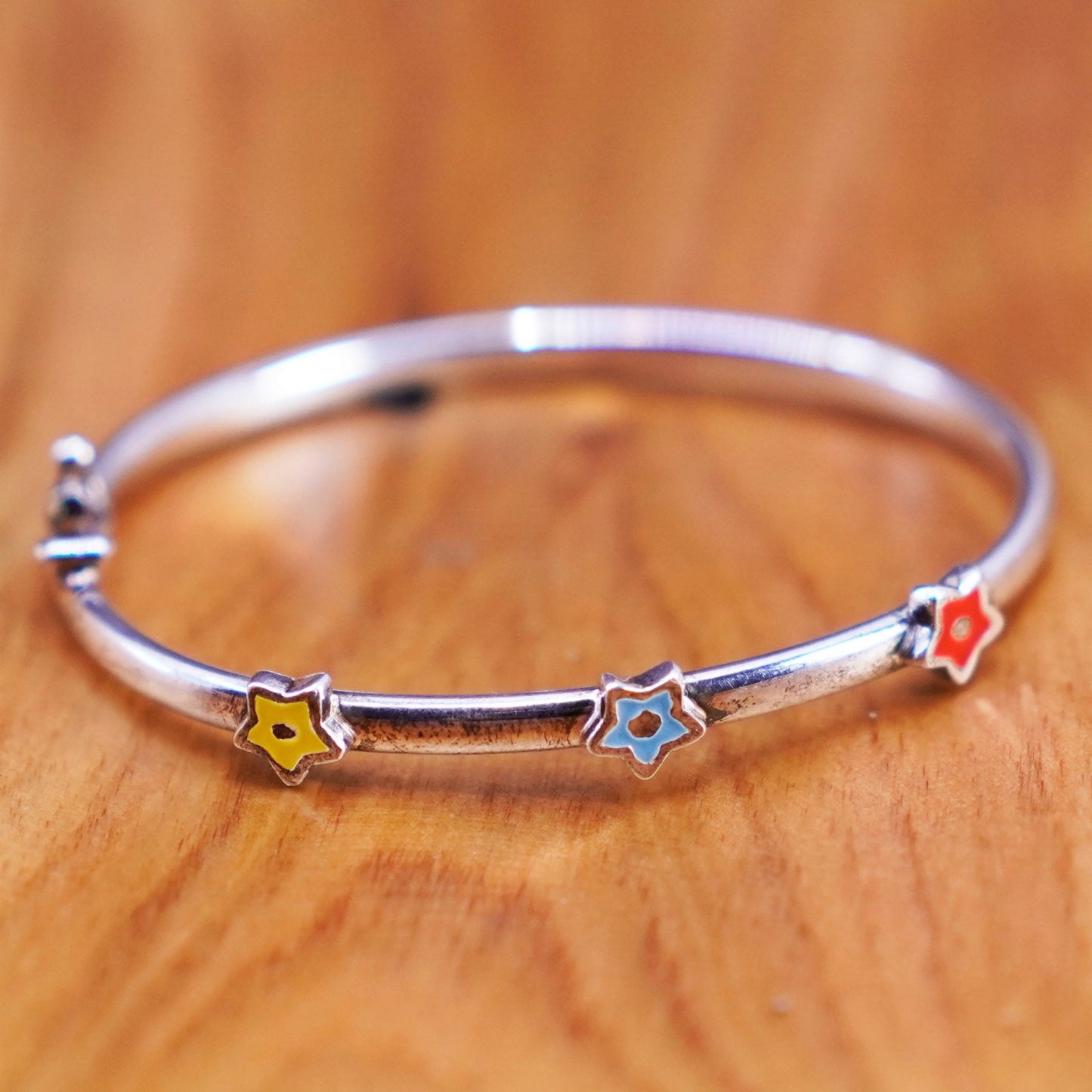5.25”, antique Italian sterling silver bracelet, 925 baby bangle enamel stars