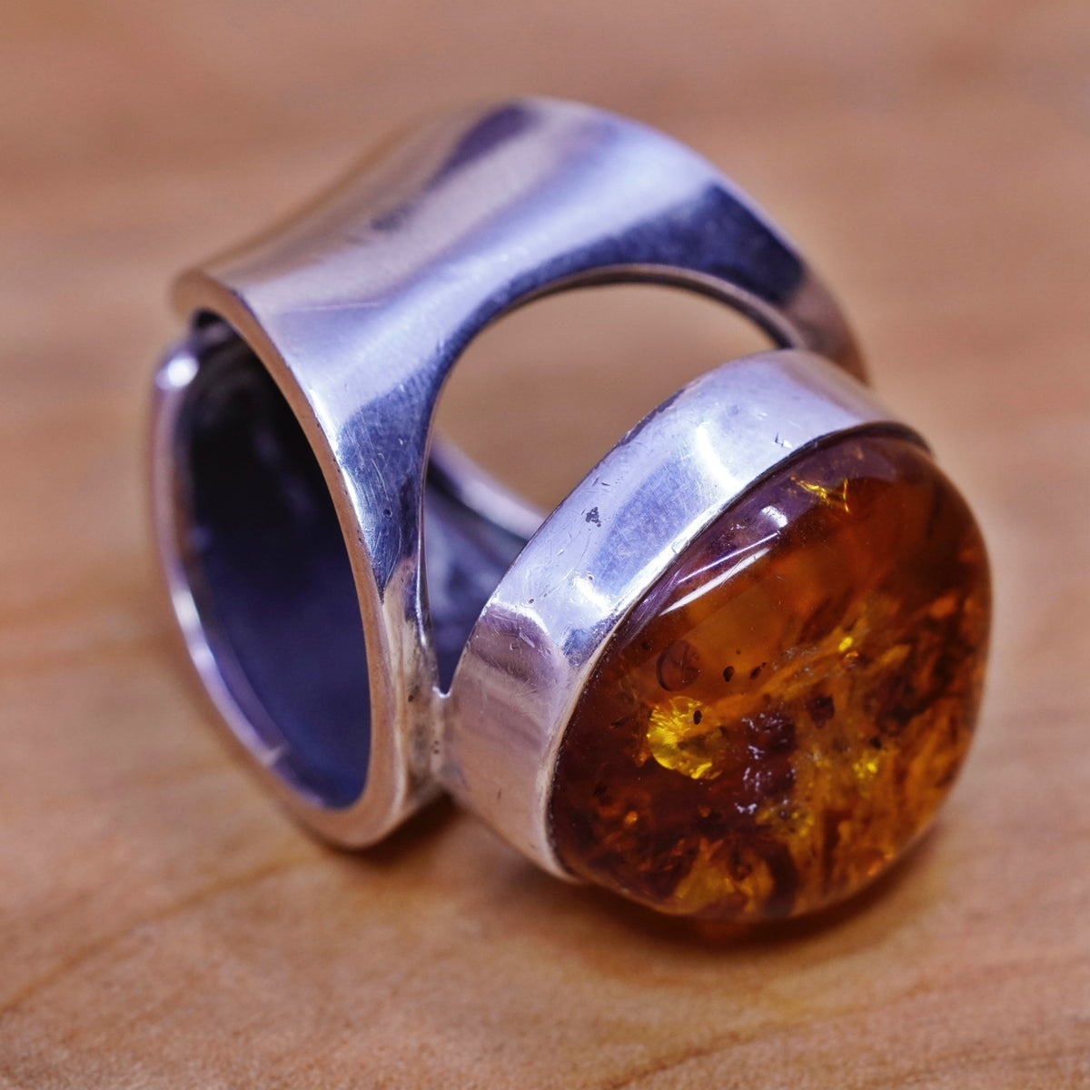 Size 8.5, vintage Sterling 925 silver handmade modern statement ring with amber