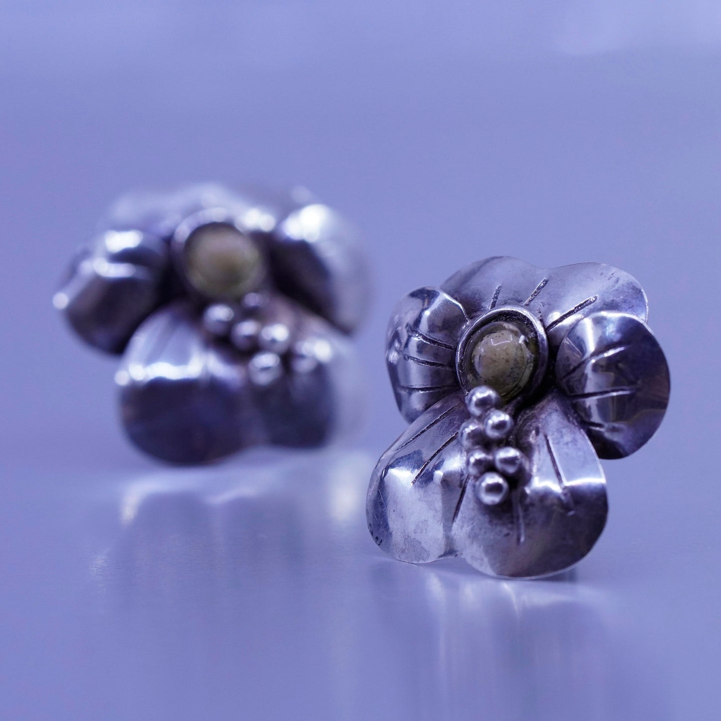 Vintage Sterling 925 silver handmade earrings, flower clip on with glass bead