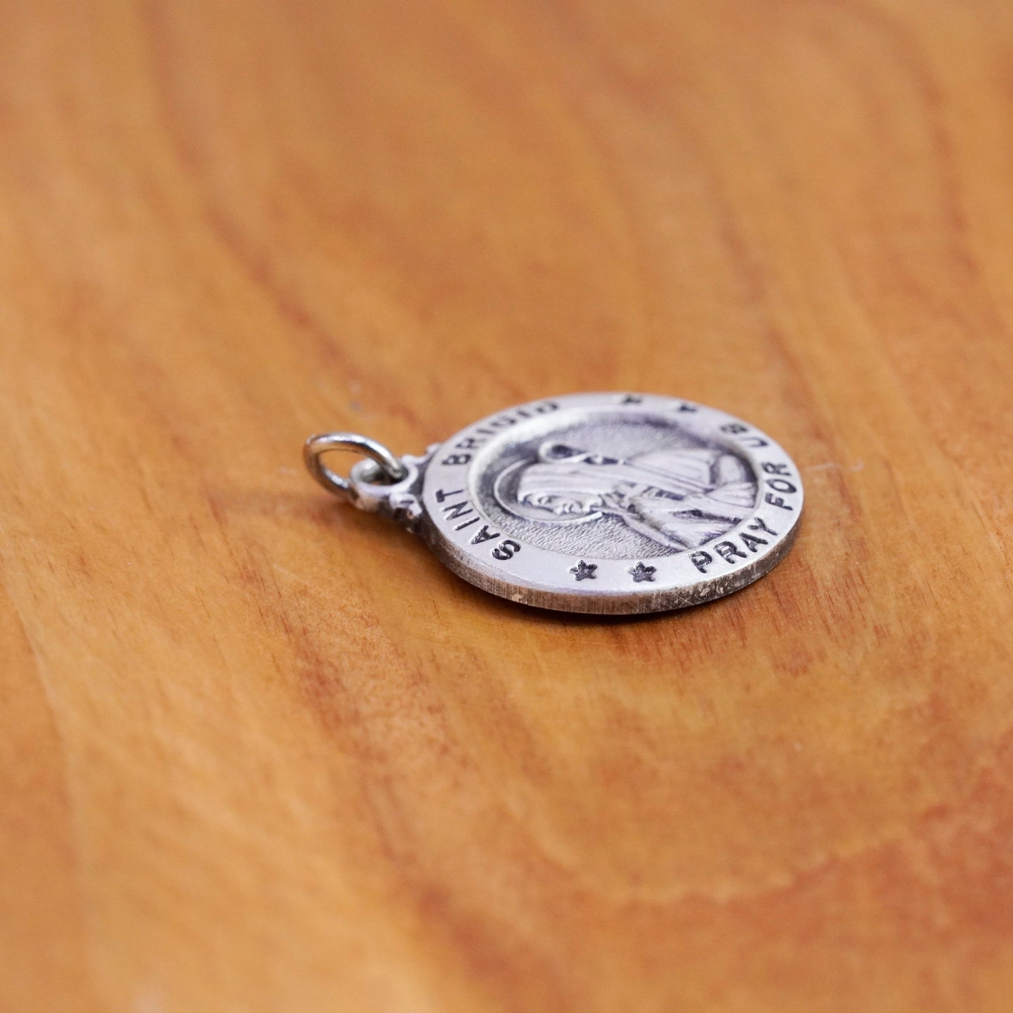 vtg Sterling silver handmade pendant, 925 Saint Brigid pray for us tag charm