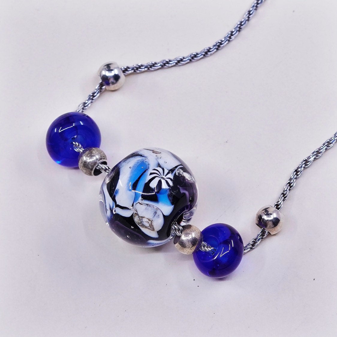 20", vtg sterling silver handmade necklace, 925 rope chain w/ glass pendant