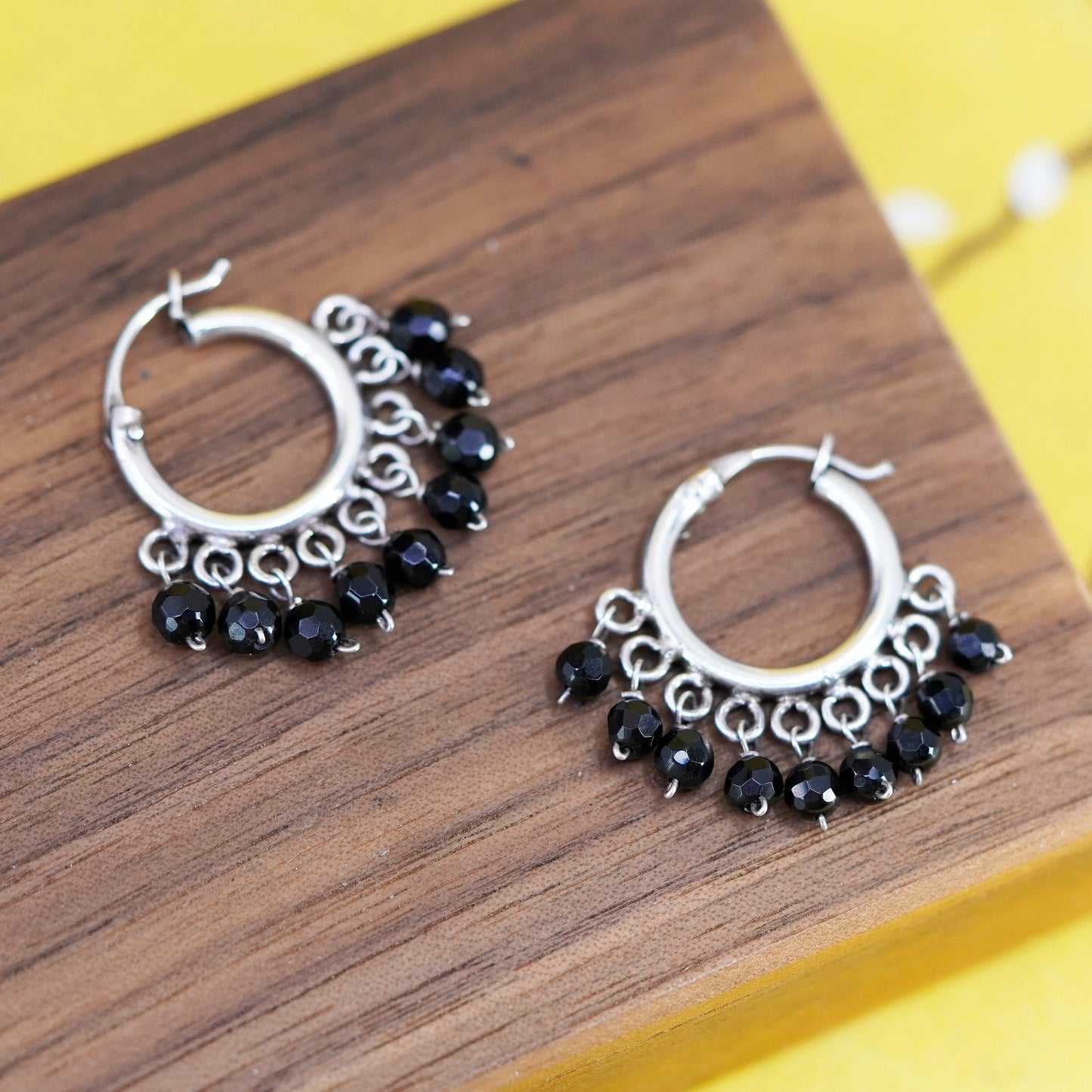 1”, vintage Sterling silver handmade earrings, 925 hoops with cluster obsidian