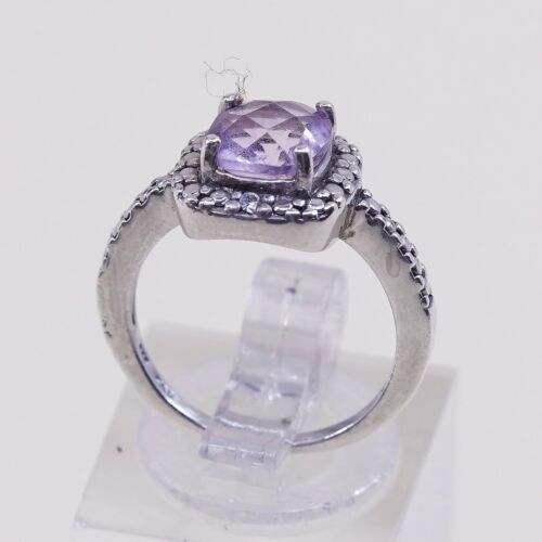 Sz 5, Sterling Silver handmade Ring, 925 Ring W/ amethyst N Diamond Details