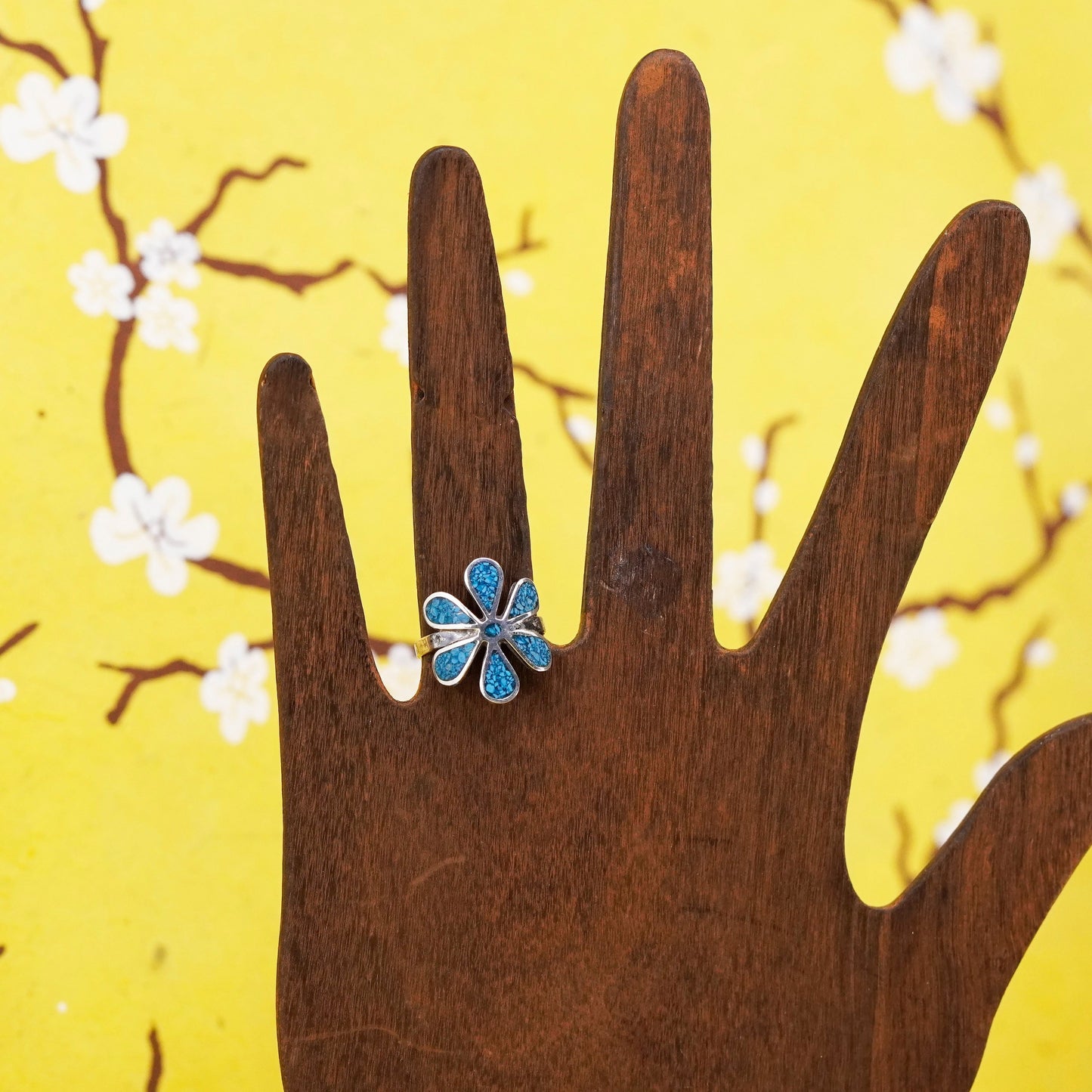 Size 5.75, vintage Sterling silver ring, mexico 925 flower band with turquoise