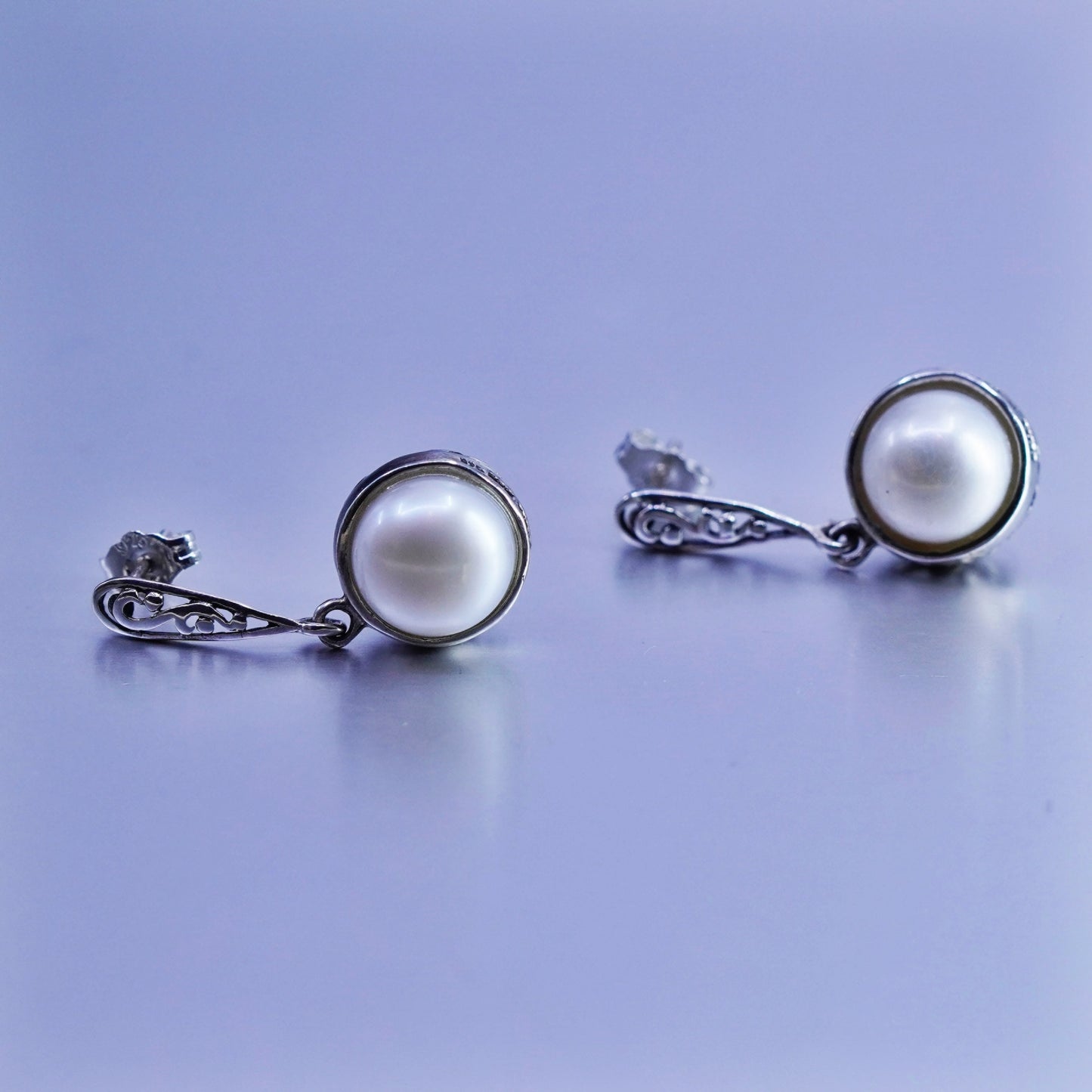 Vintage Sterling 925 silver handmade filigree earrings with pearl