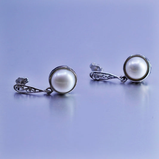 Vintage Sterling 925 silver handmade filigree earrings with pearl