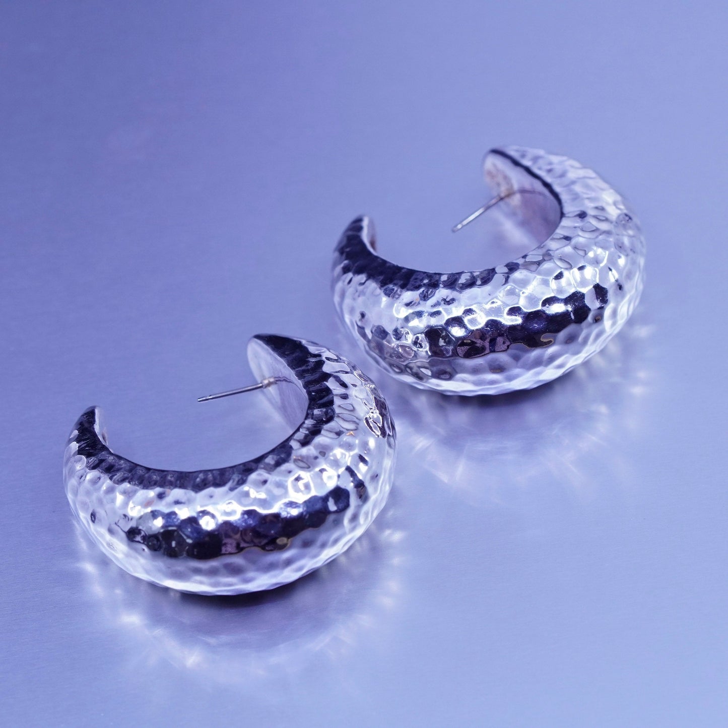 1.5”, vintage Sterling silver handmade earrings, hammered 925 huge Huggie studs