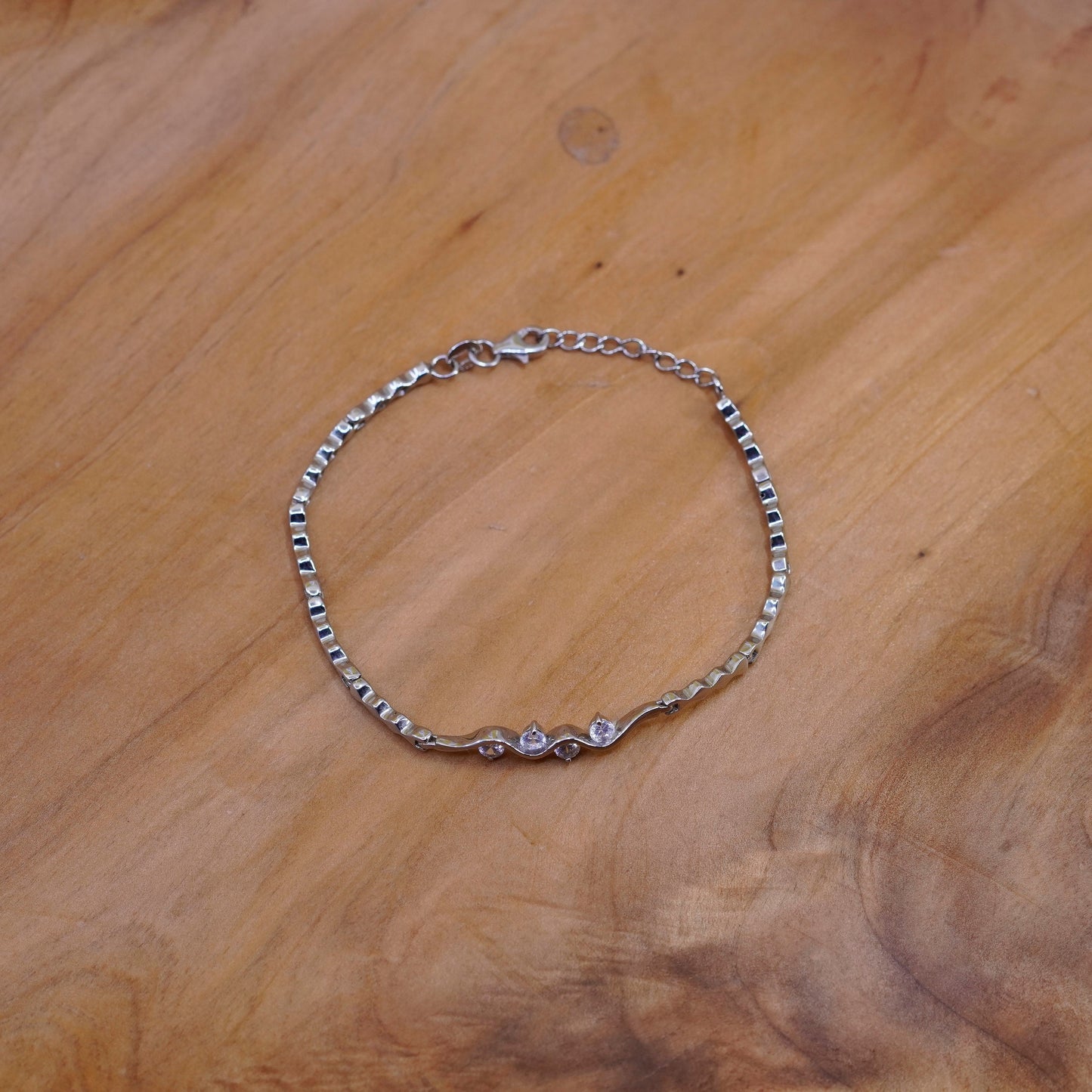 7.5”, vintage Sterling silver handmade tennis bracelet, 925 wavy link with cz