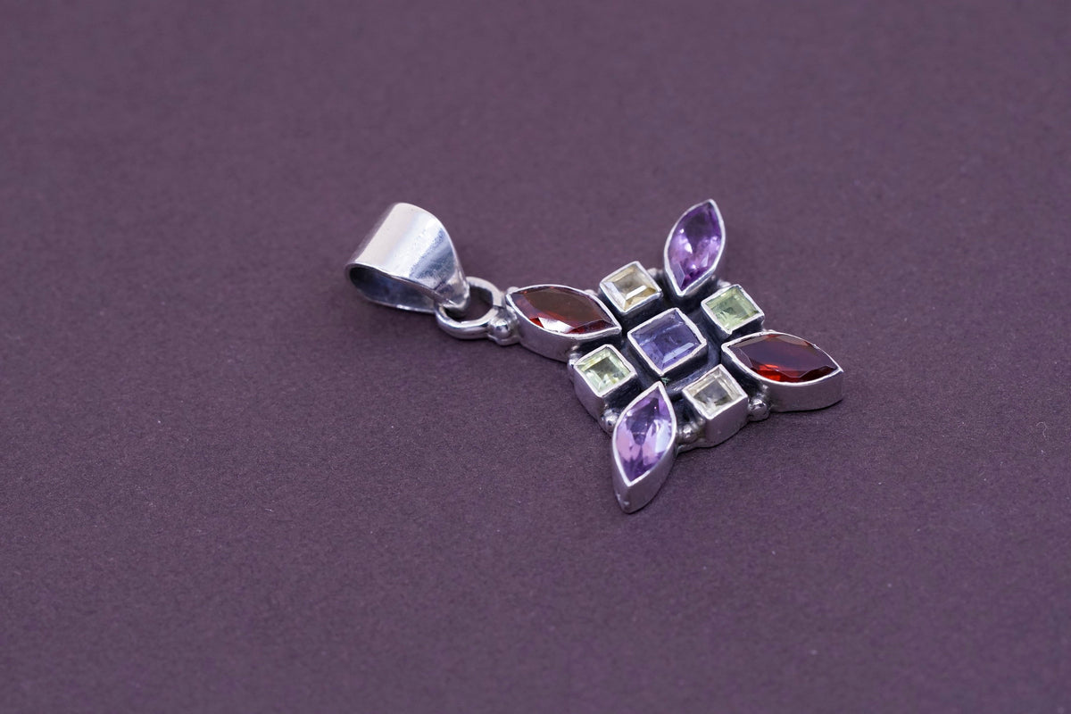 vtg Sterling 925 silver handmade pendant with ruby amethyst citrine and peridot
