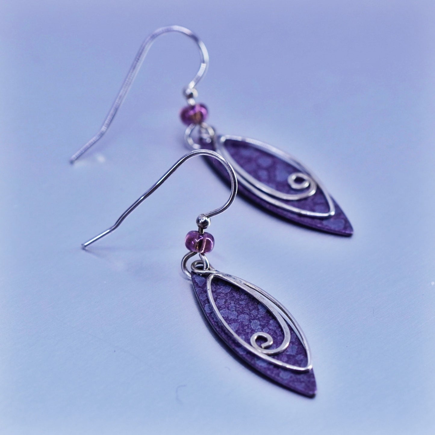 Vintage Sterling 925 silver handmade swirly earrings with purple stone