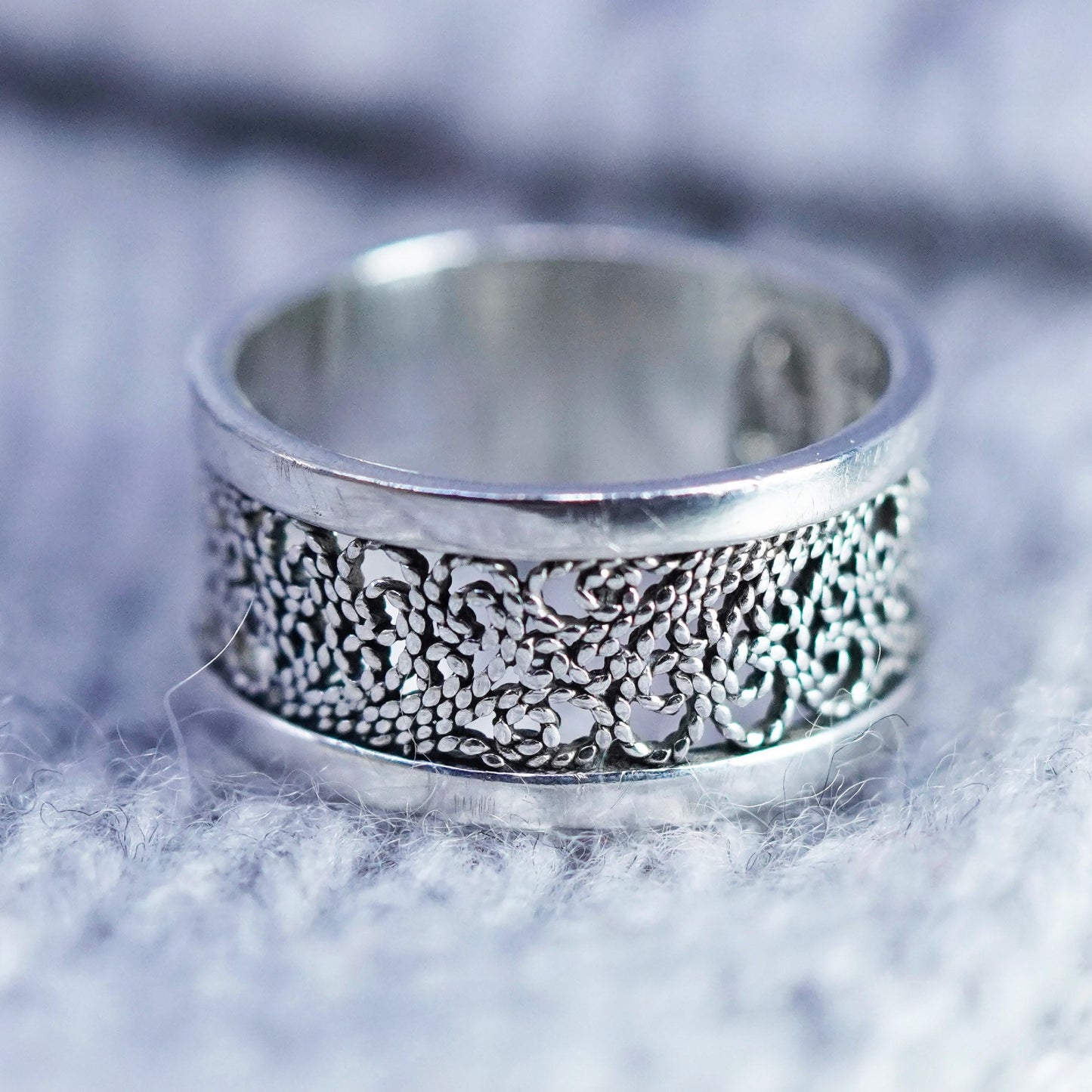 Size 6.75, vintage Sterling 925 silver handmade ring, filigree band