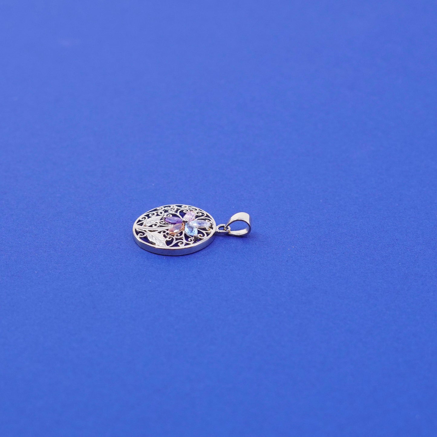 vtg sterling silver handmade pendant, 925 circle filigree flower pink Crystal