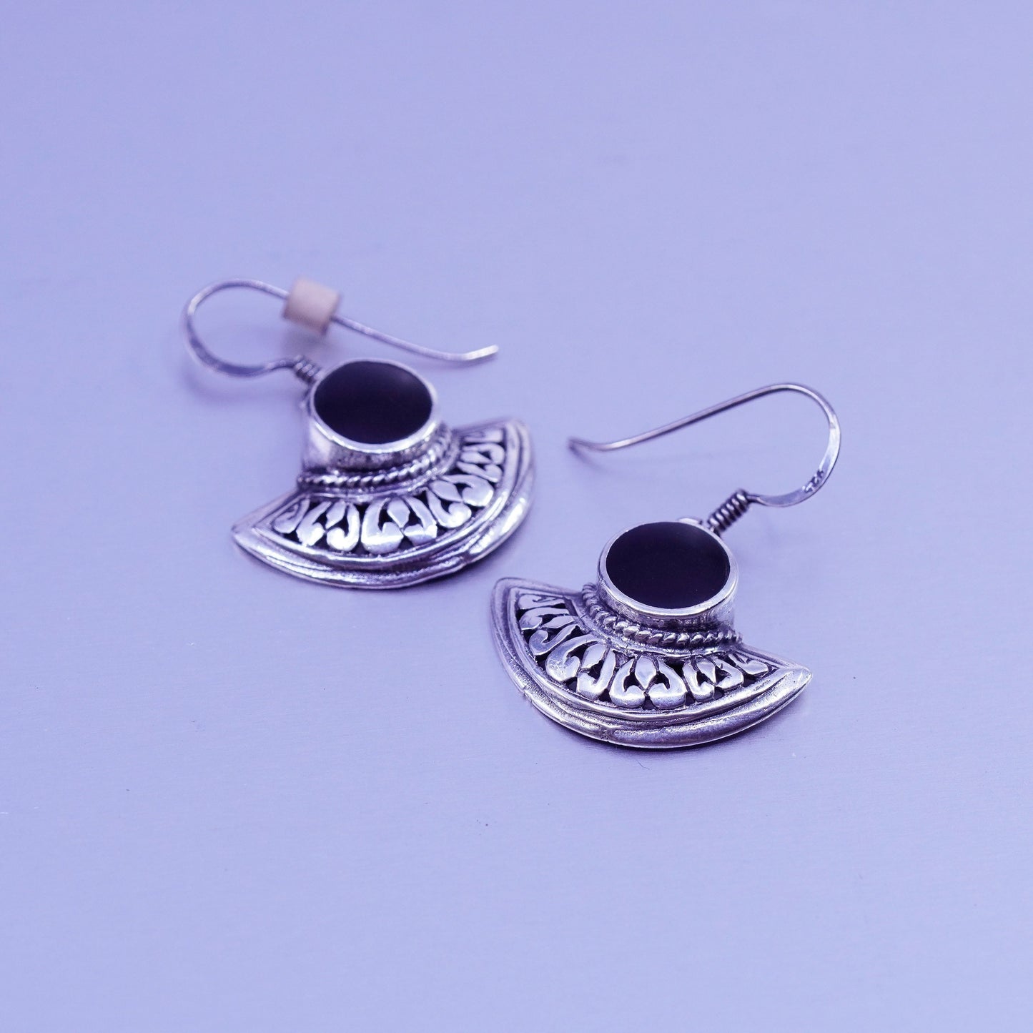 Vintage Sterling 925 silver handmade textured earrings with obsidian