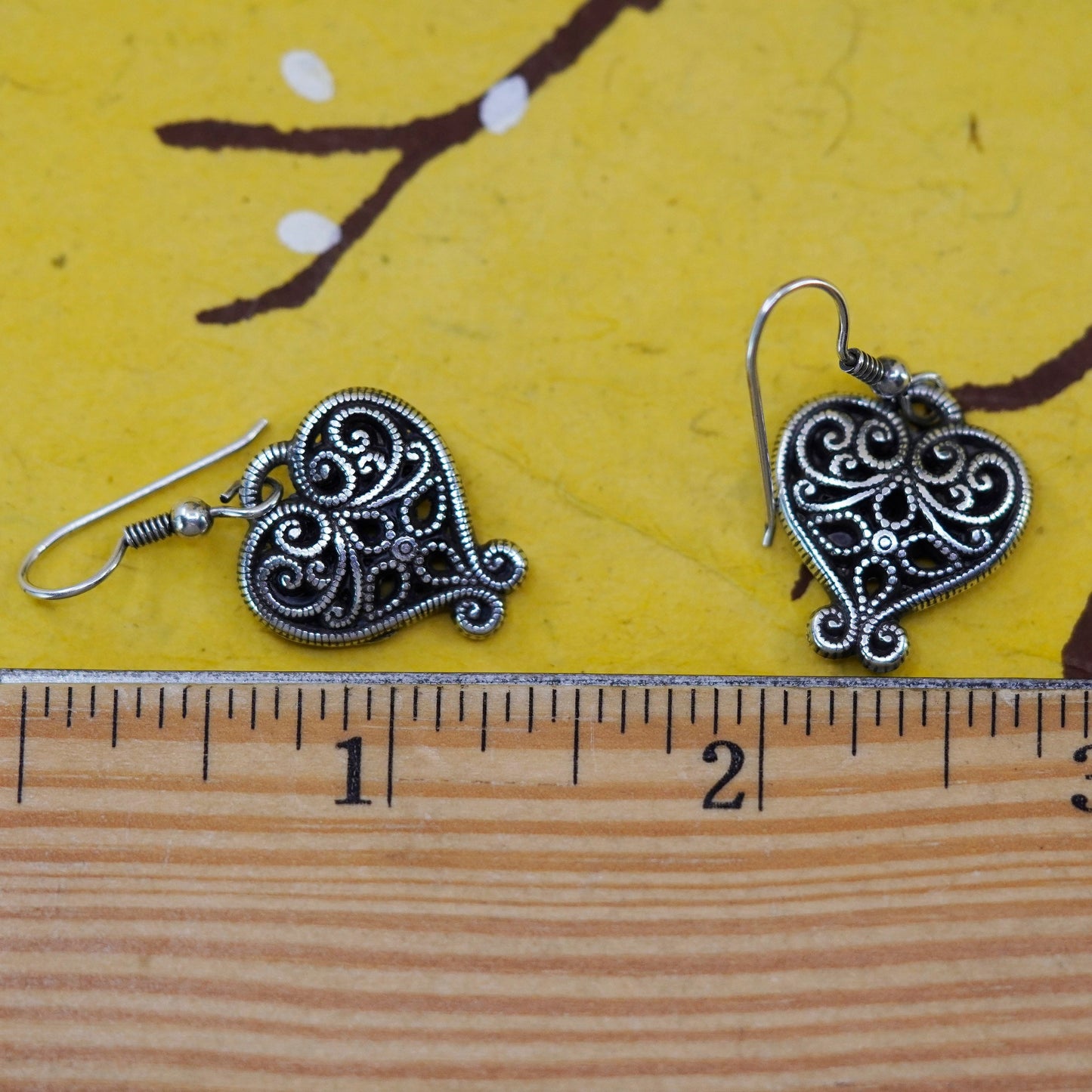 Vintage Sterling silver handmade earrings, 925 filigree heart dangles