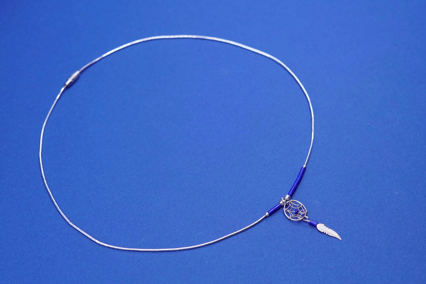 16”, Native Navajo Sterling 925 liquid silver chain lapis bead feather pendant