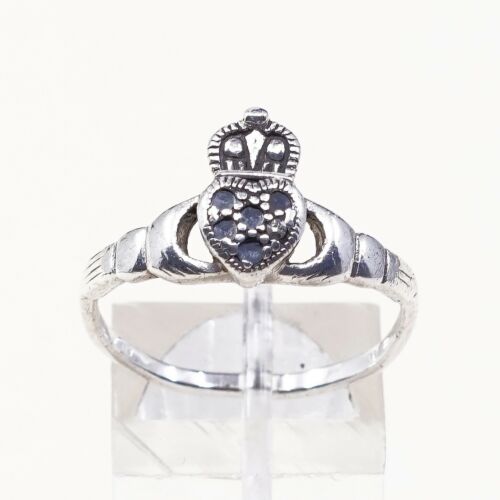 Size 9.25, Vtg Sterling Silver Handmade Ring, 925 claddagh Heart W/ Marcasite