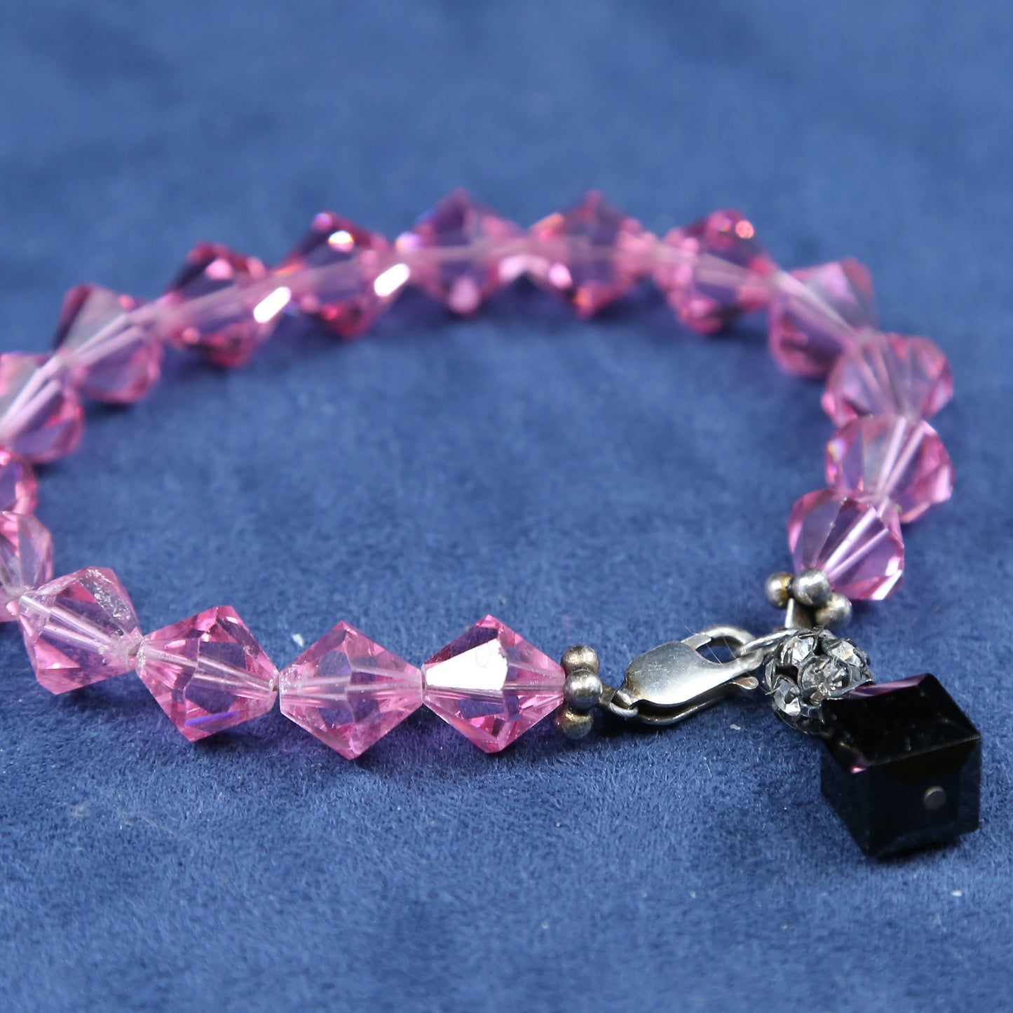 7”, vtg sterling silver handmade bracelet, 925 w/ pink crystal beads
