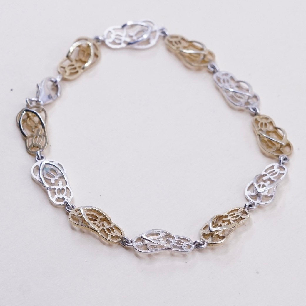 5.5”, vintage two tone sterling 925 silver handmade sandal flip flop bracelet