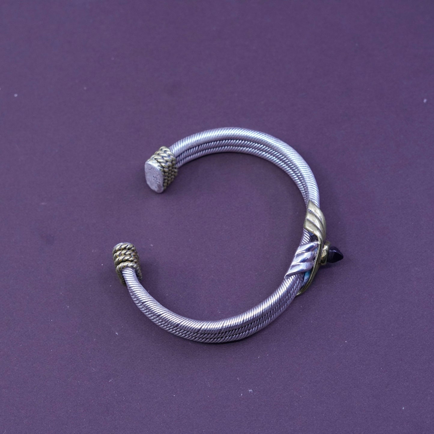 7”, two tone sterling silver handmade bracelet, 925 cable cuff brass cross