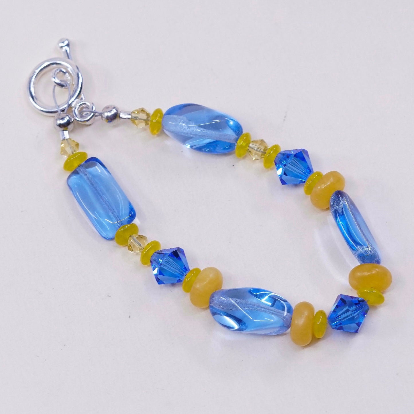 6.25”, vtg 925 Sterling silver beads bracelet w/ artisan blue beads N toggle