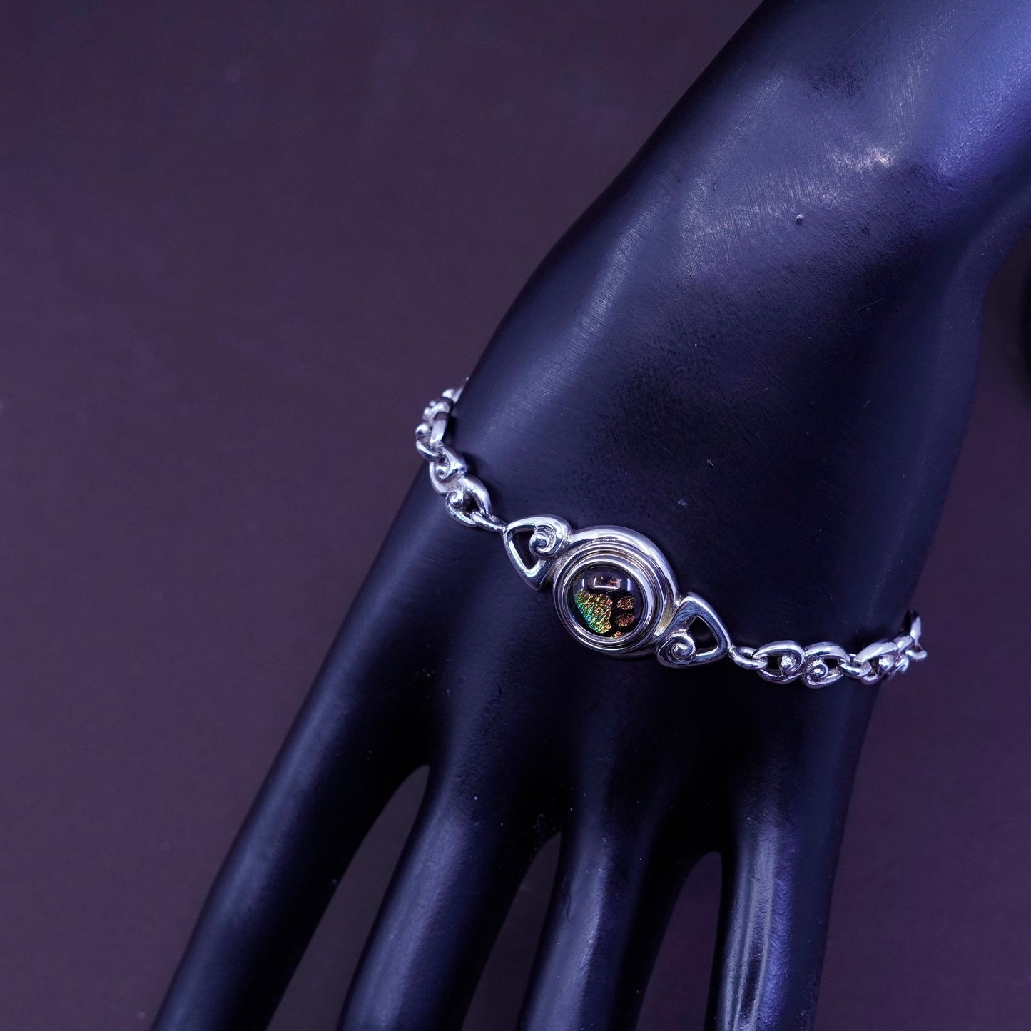 7+1”, Sterling silver bracelet, 925 beaded chain w/ foiled glass dog foot charm