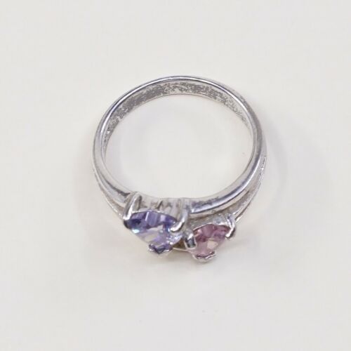 Sz 6 Vtg Sterling Handmade Ring, 925 Double Heart W/ Pink N Amethyst Cz