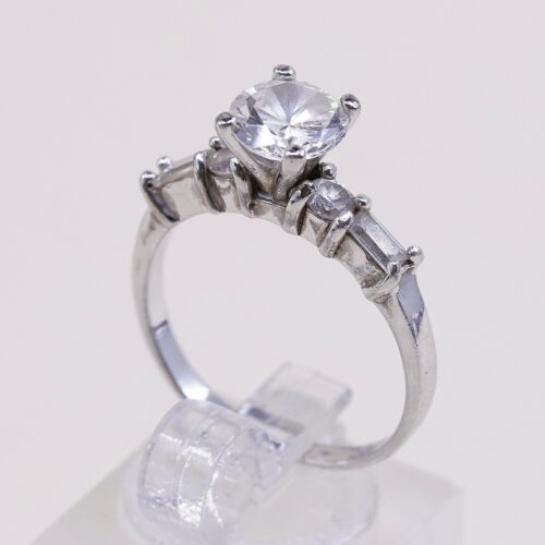 Sz 7.25, Vtg Sterling Silver Fashion Ring, 925 Silver Engagement Ring W/ Cz