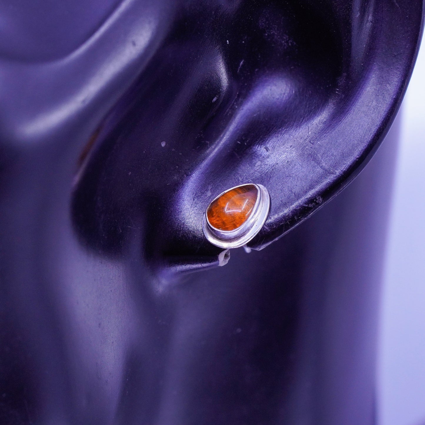 Vintage Sterling 925 silver handmade earrings, studs with teardrop Amber
