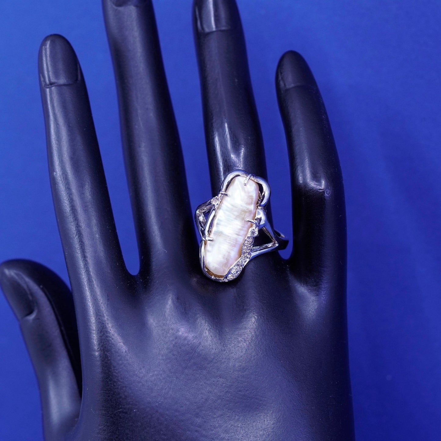 Size 10.25, vtg sterling 925 silver handmade statement ring with pearl and Cz