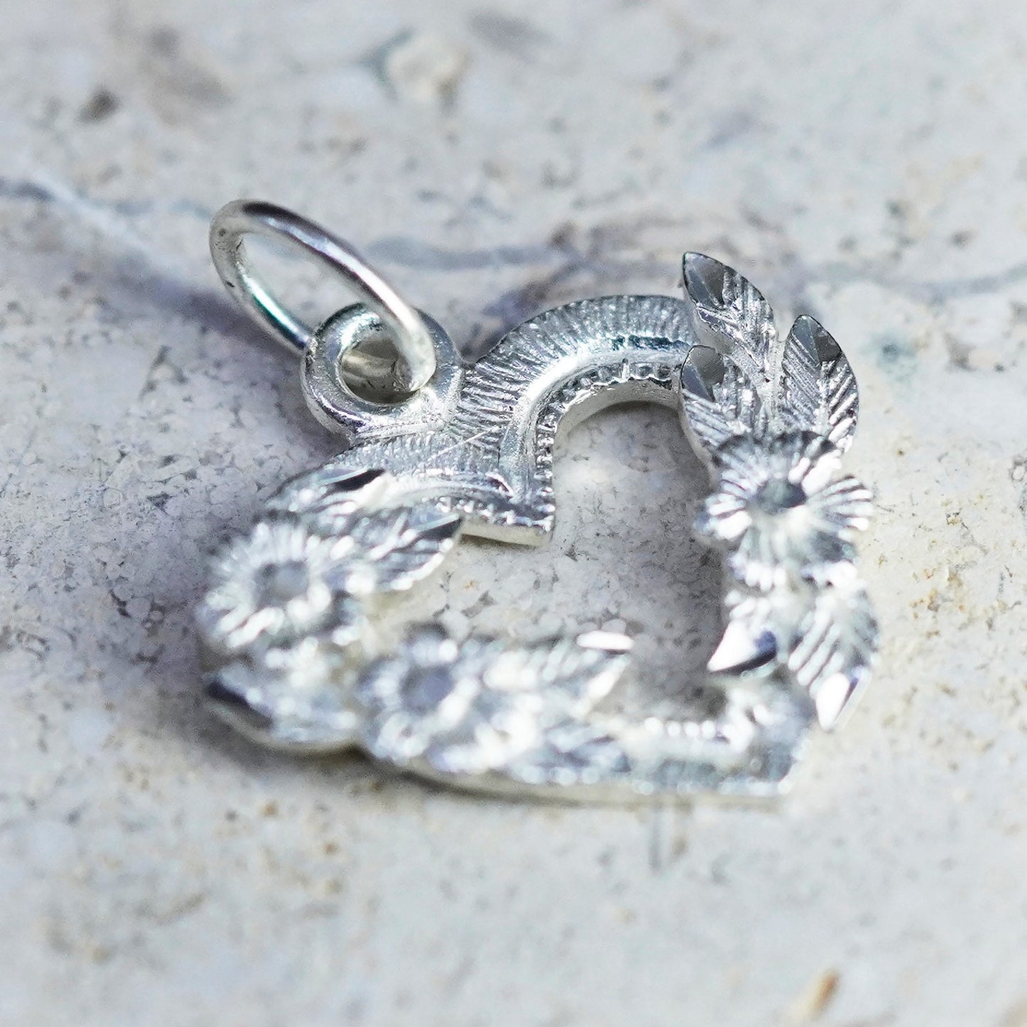 Vintage sterling silver handmade pendant, 925 floral textured heart charm