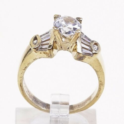 Sz 9, Gold Over Sterling Ring, 925 Engagement Ring W/ Crystal, Stamped 925
