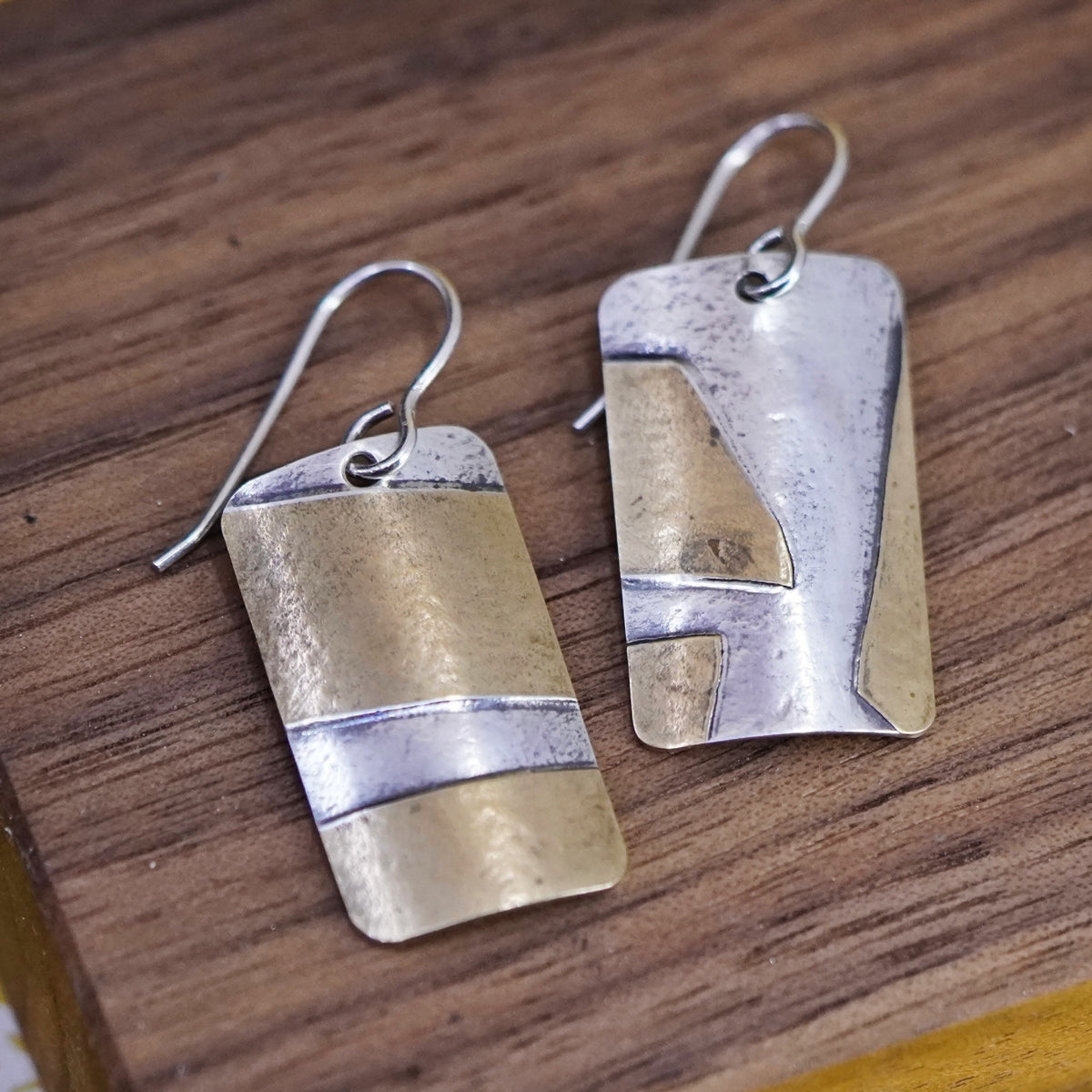 two tone Sterling silver handmade earrings 925 rectangular dangled brass nugget