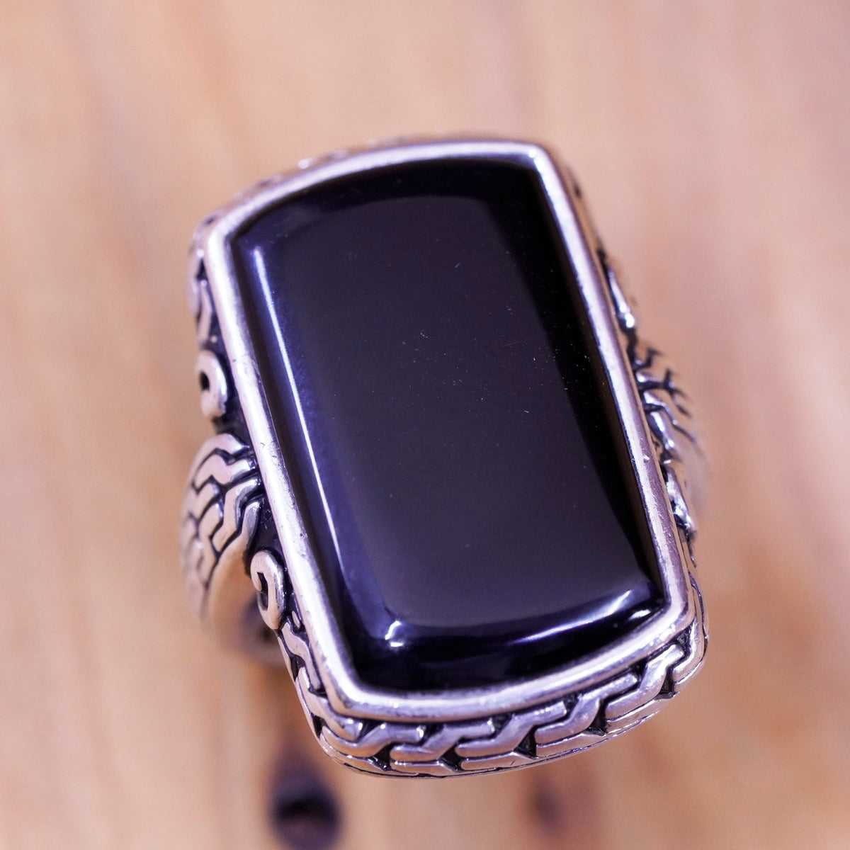 Size 6.25, vintage Mexico Sterling 925 silver handmade ring with oval onyx