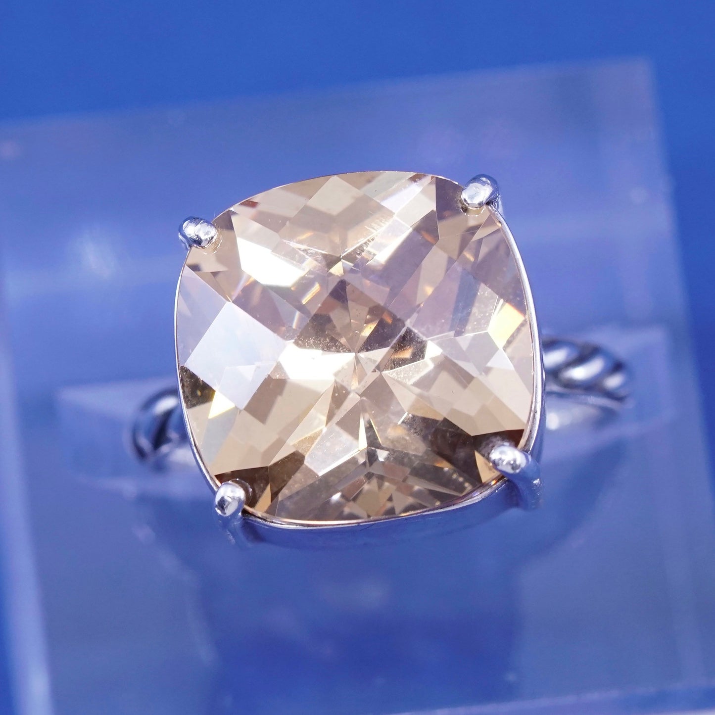 sz 7.75 vtg Sterling silver ring, 925 with cushion cut citrine N clear crystal