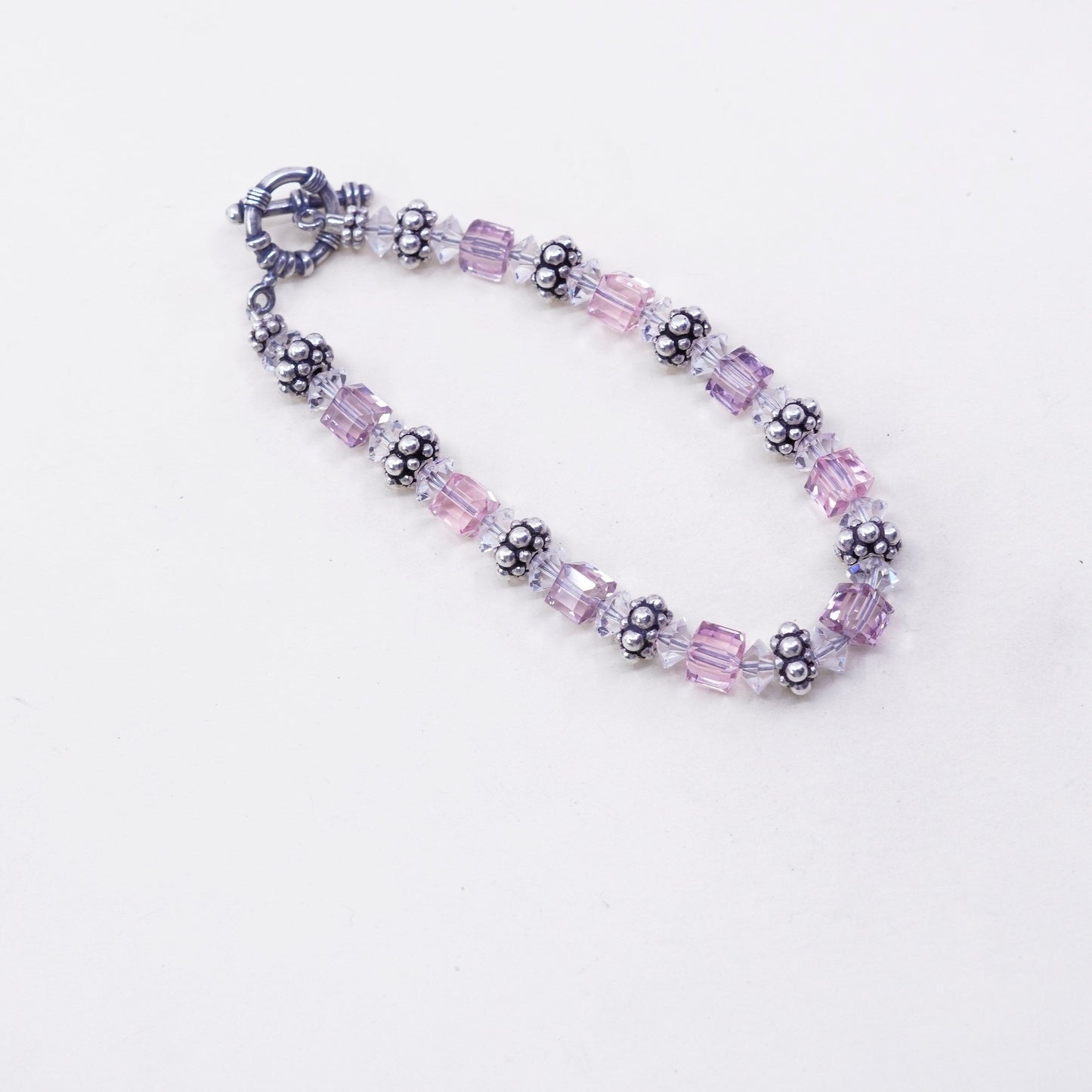 7”, Vintage Sterling silver handmade bracelet, 925 beads with pink crystal