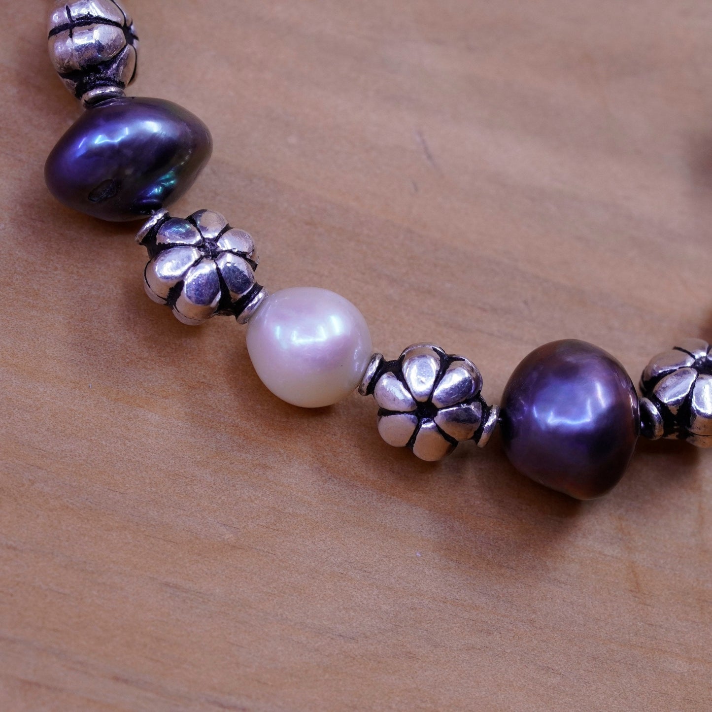 6.75”, Sterling 925 silver handmade floral beads bracelet with black pearl