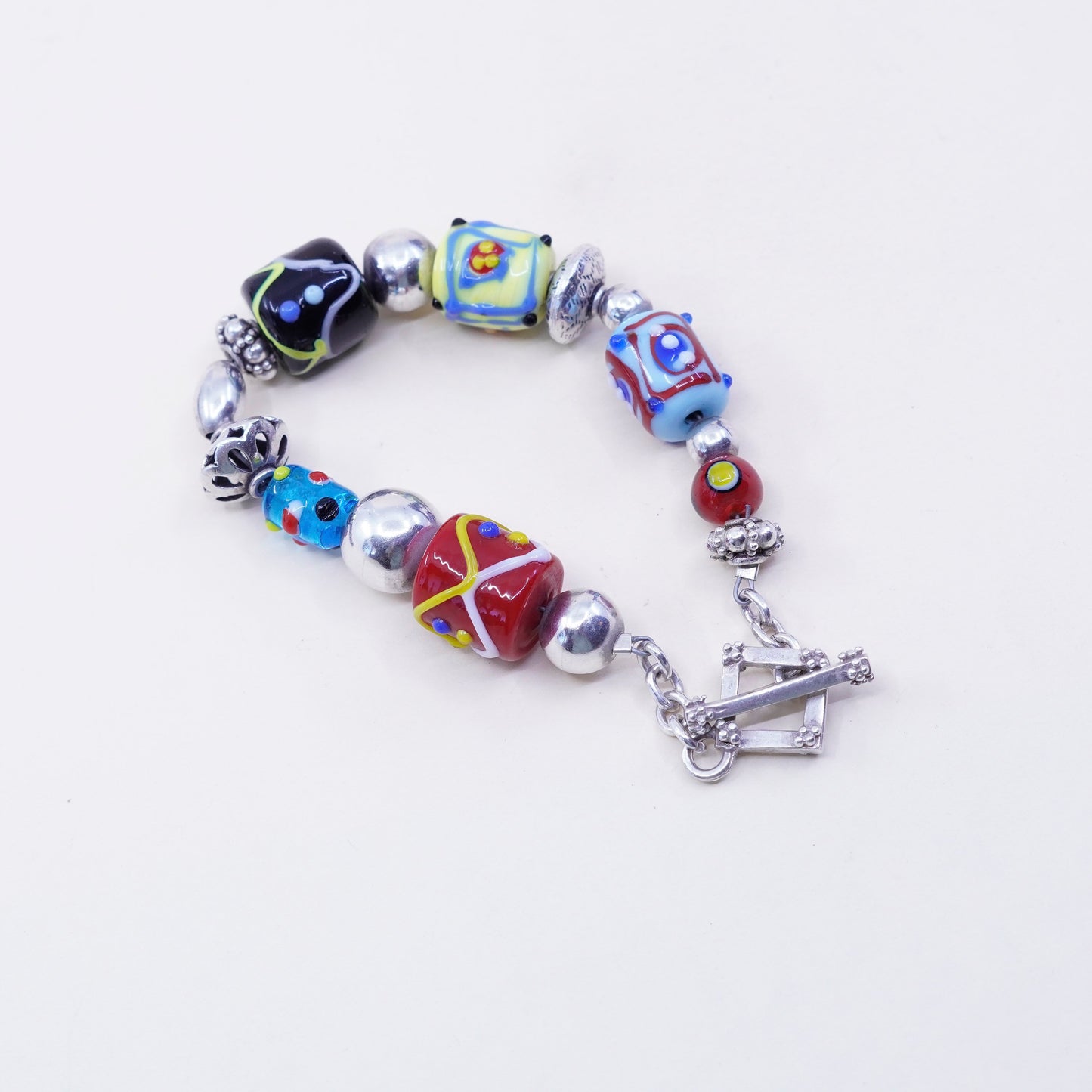 7”, vtg Silpada Sterling Silver Lampwork Art Glass Bead Toggle Bracelet B0871