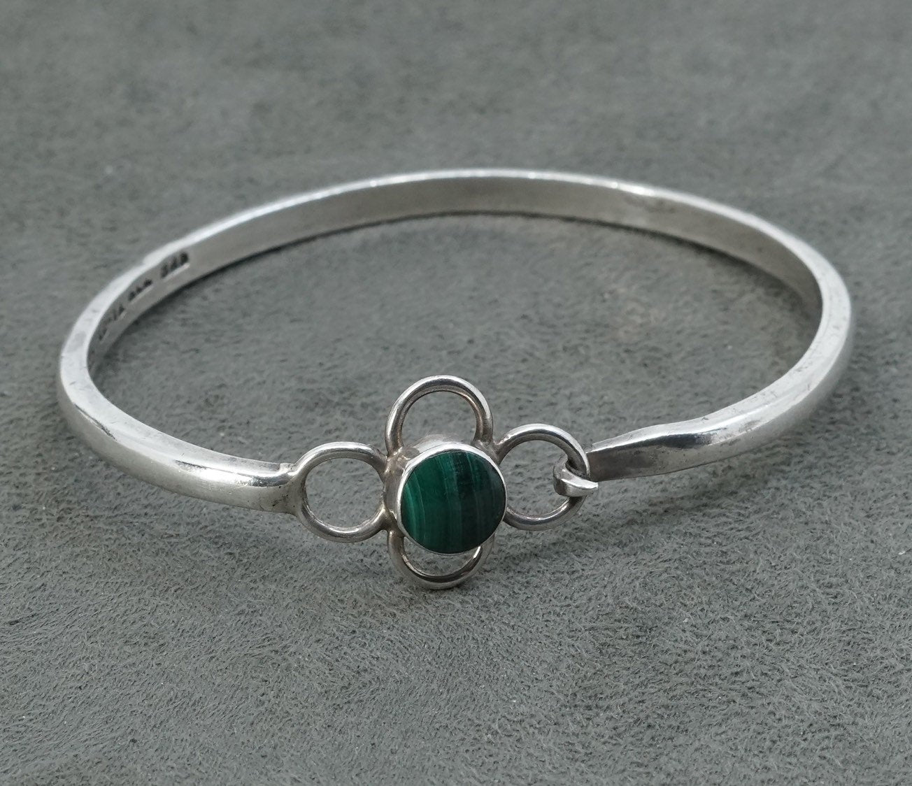 6.75” vtg Sterling silver handmade bracelet, mexico 925 cuff w/ malachite