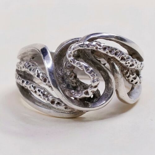 Size 6.5, Vtg Sterling 925 Silver Abstract Flower Band Ring, Silver Tested