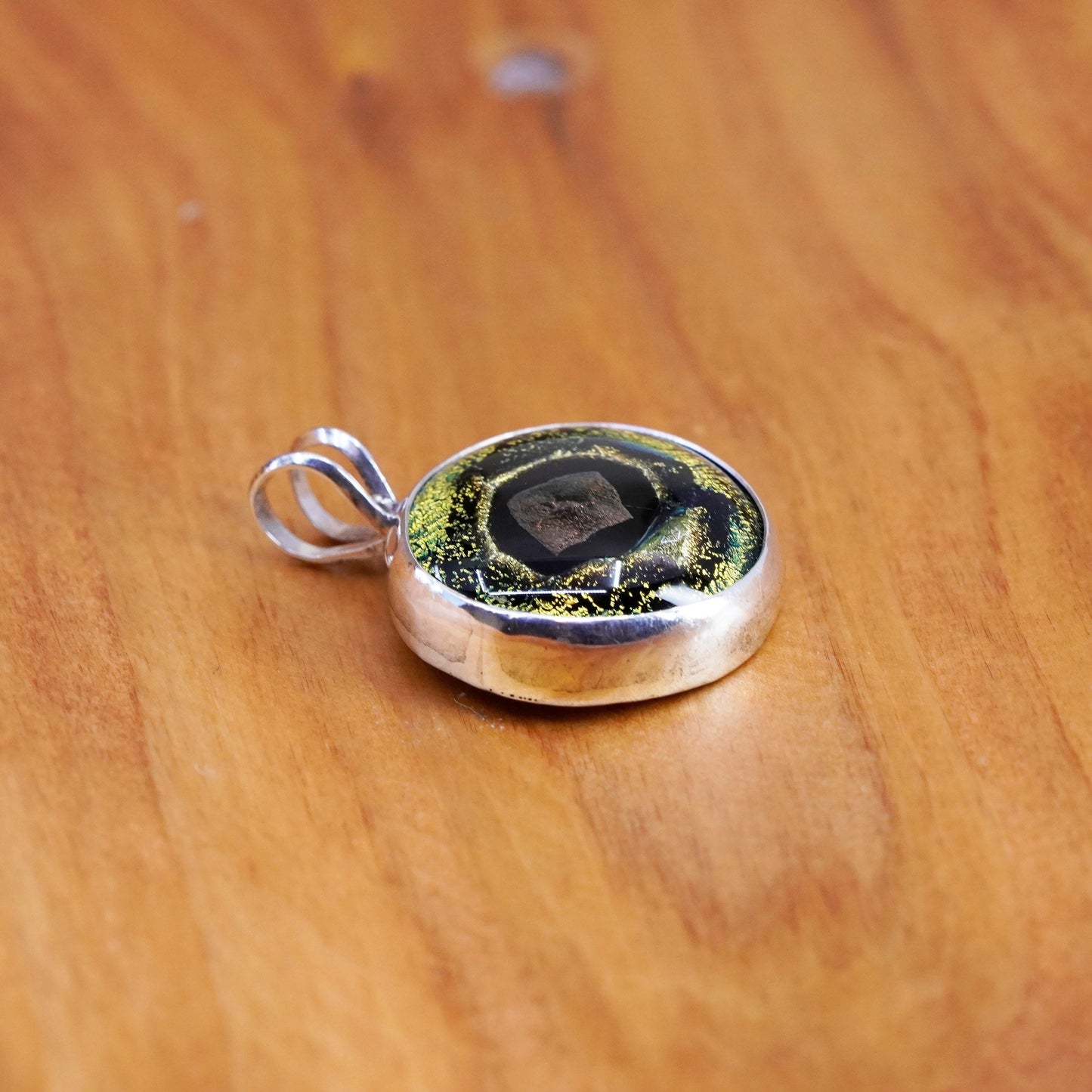 Vintage Sterling 925 silver handmade pendant golden foil glass evil eye, unique