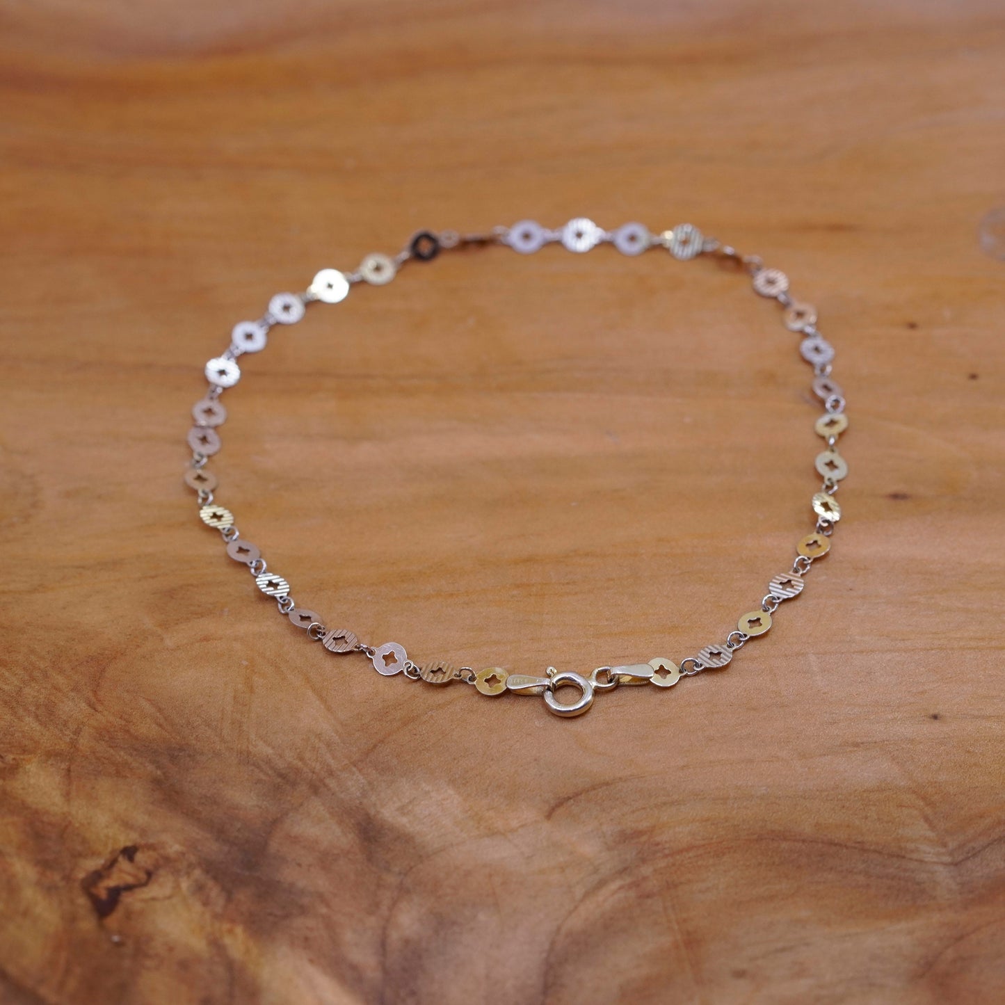 10”, Vintage two tone sterling silver handmade anklet, 925 flatten circle chain