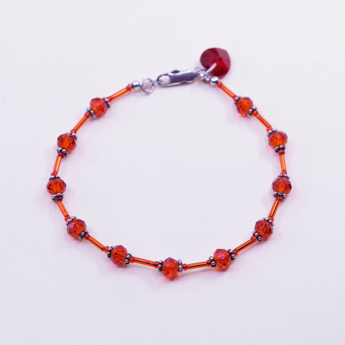 8”, vintage Sterling 925 silver handmade bracelet with red crystal beads
