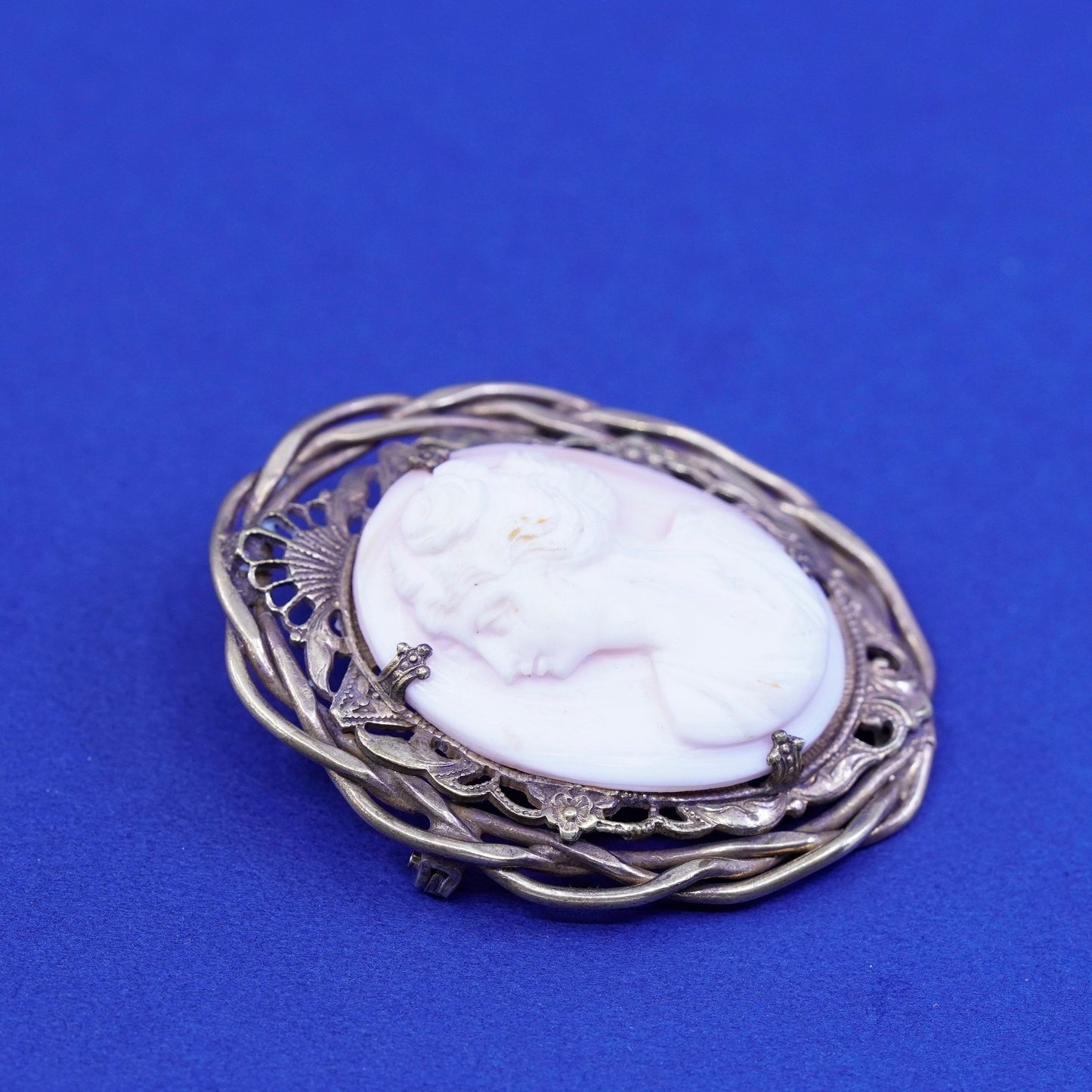 vintage handmade brass filigree brooch with cameo agate woman Portrait