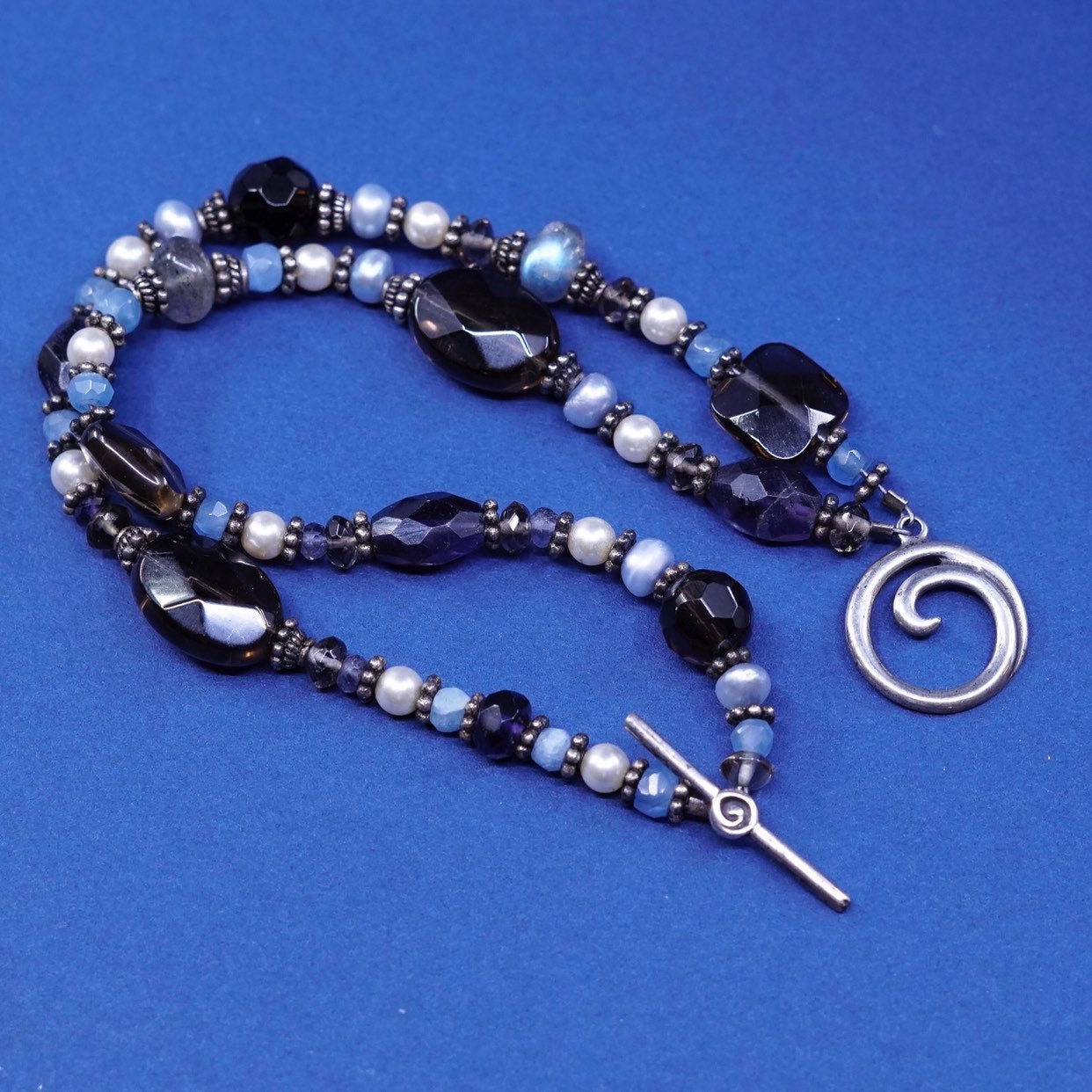 6.5", Sterling silver handmade bracelet, 925 clasp w/ topaz pearl N labradorite