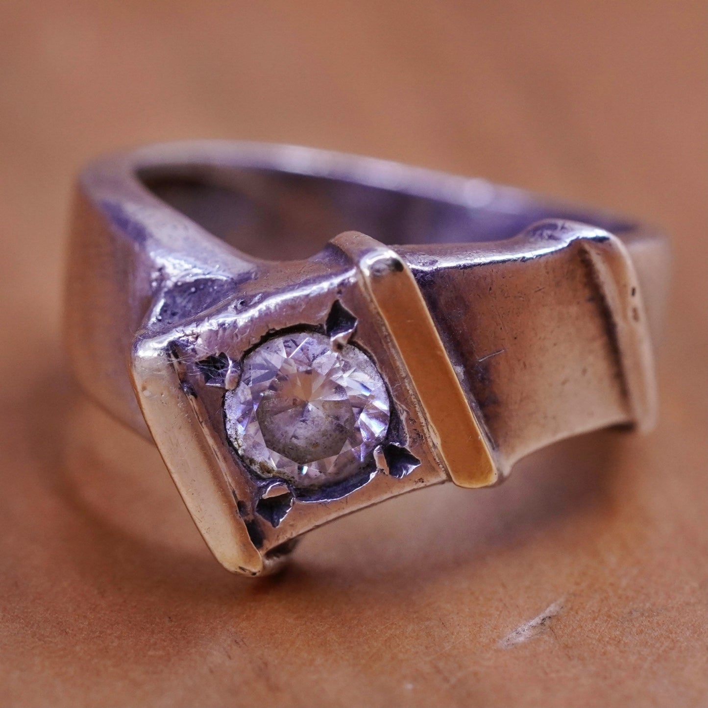 Size 5, Two Tone Sterling 925 silver shiny engagement ring, 14K gold trim cz