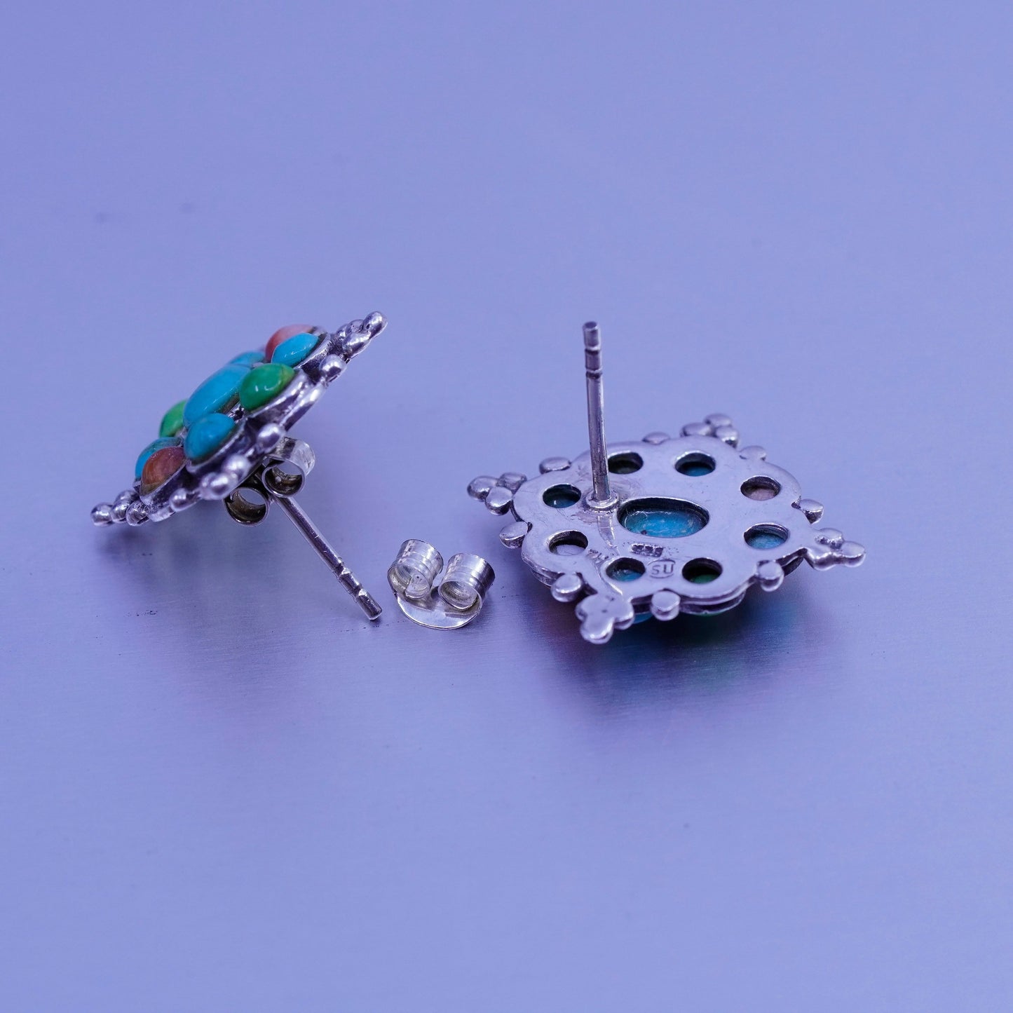 vtg Native American navajo Sterling 925 silver earrings, studs turquoise coral
